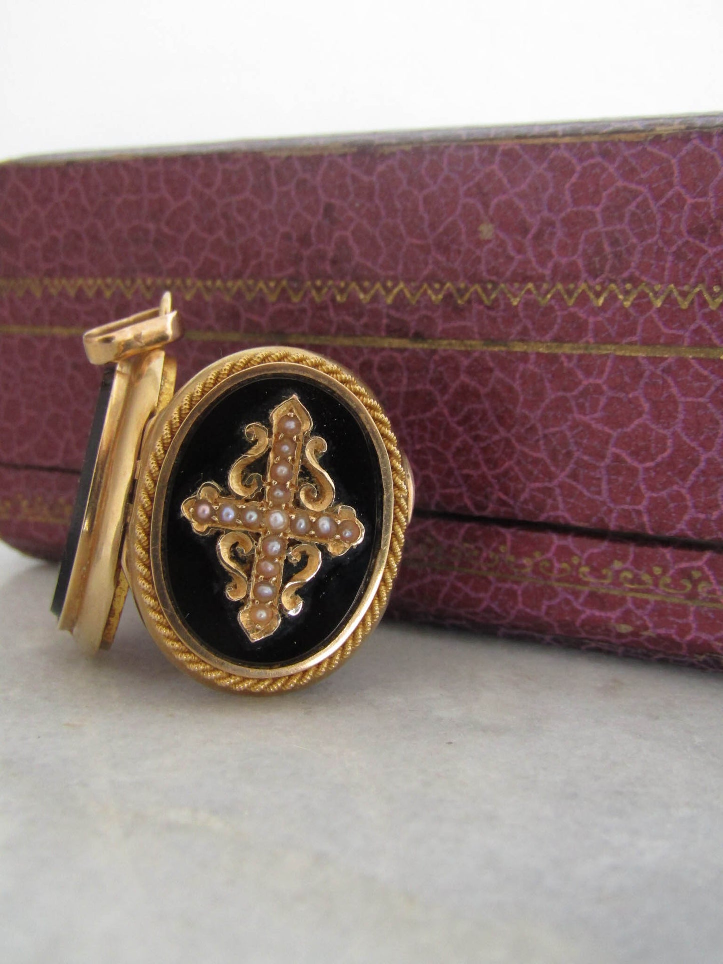Antique 18k French Napolen III Onyx Mourning Locket with Seed Pearls