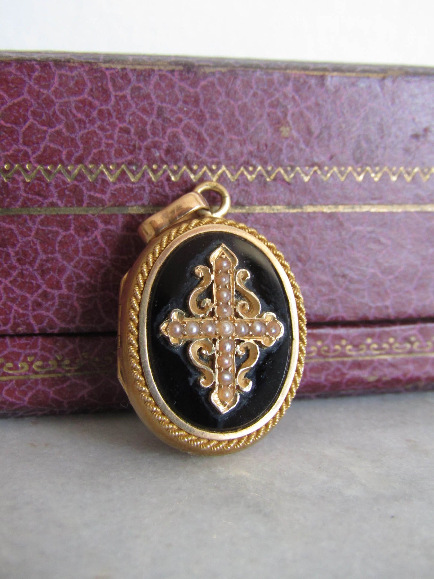 Antique 18k French Napolen III Onyx Mourning Locket with Seed Pearls