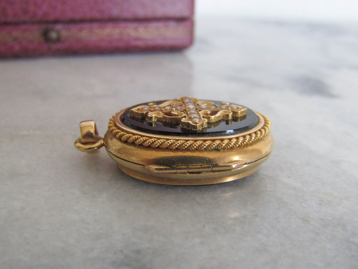 Antique 18k French Napolen III Onyx Mourning Locket with Seed Pearls