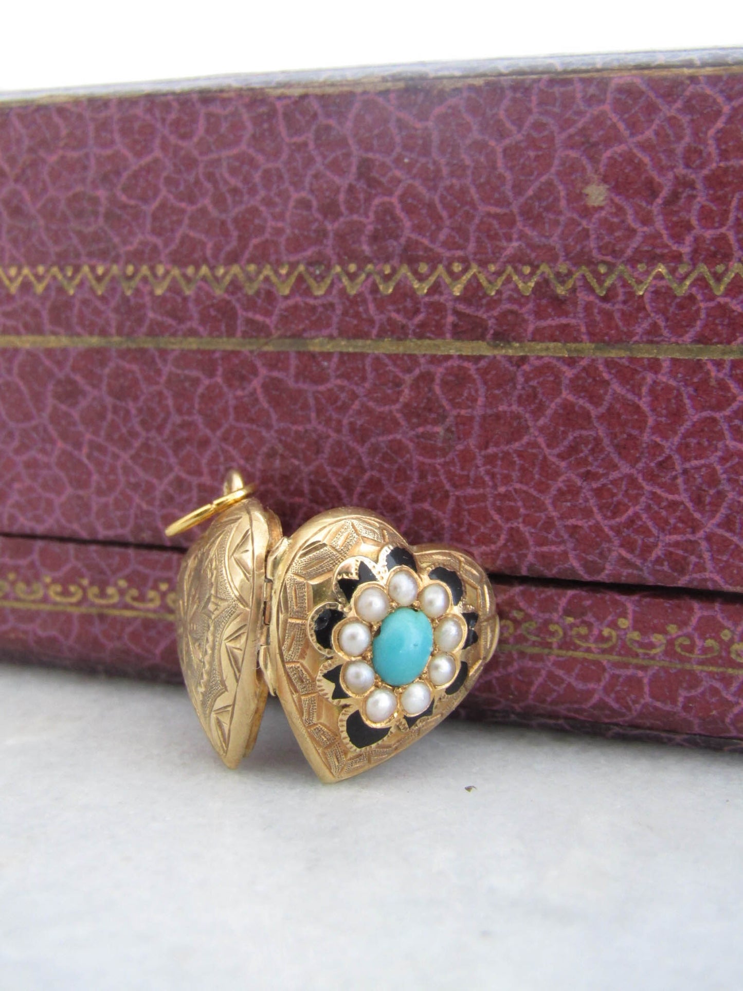 Antique French 18K Turquoise Enamel Heart Locket with Seed Pearls and Secret Glass Partition c. 1840