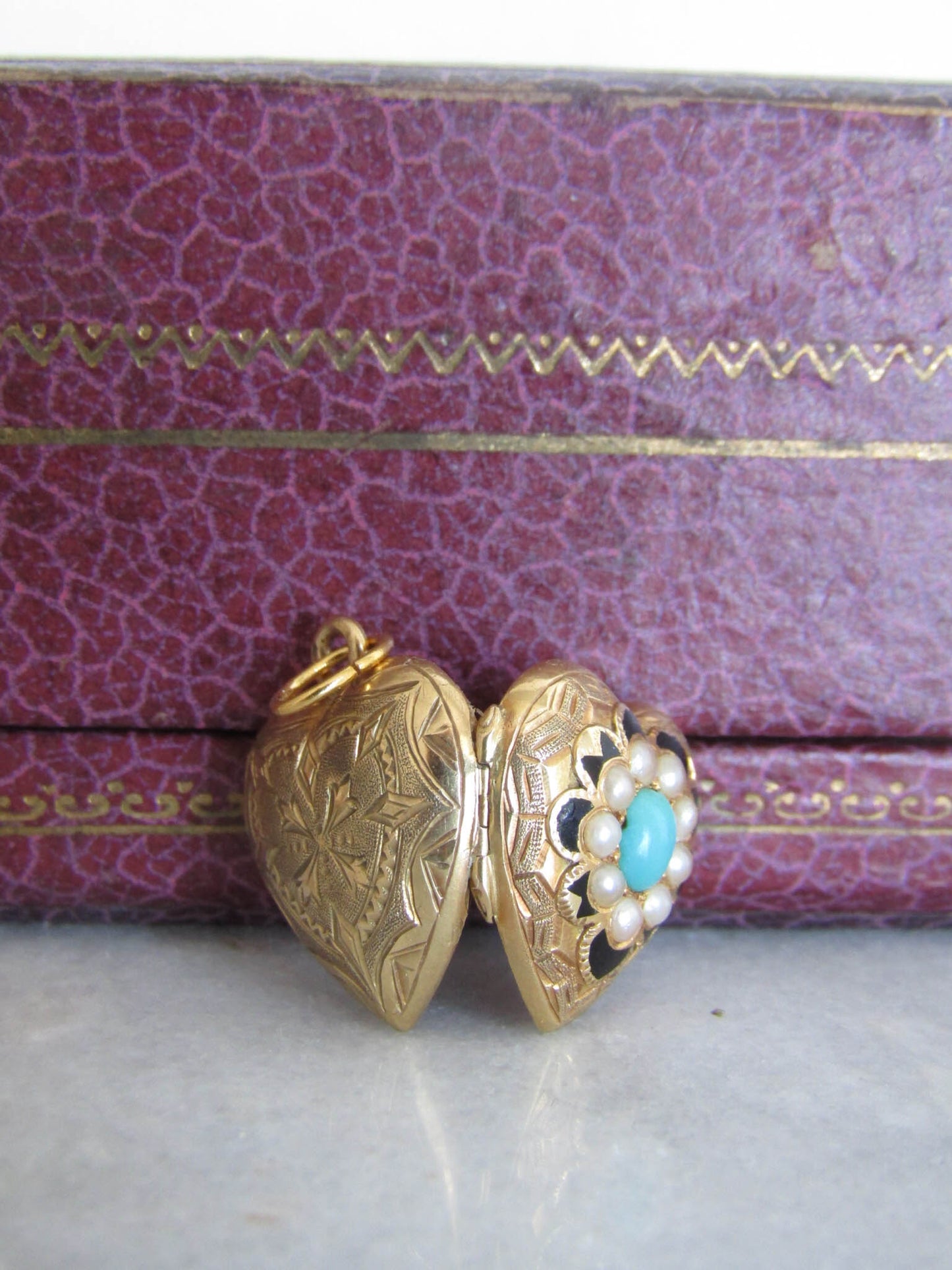 Antique French 18K Turquoise Enamel Heart Locket with Seed Pearls and Secret Glass Partition c. 1840