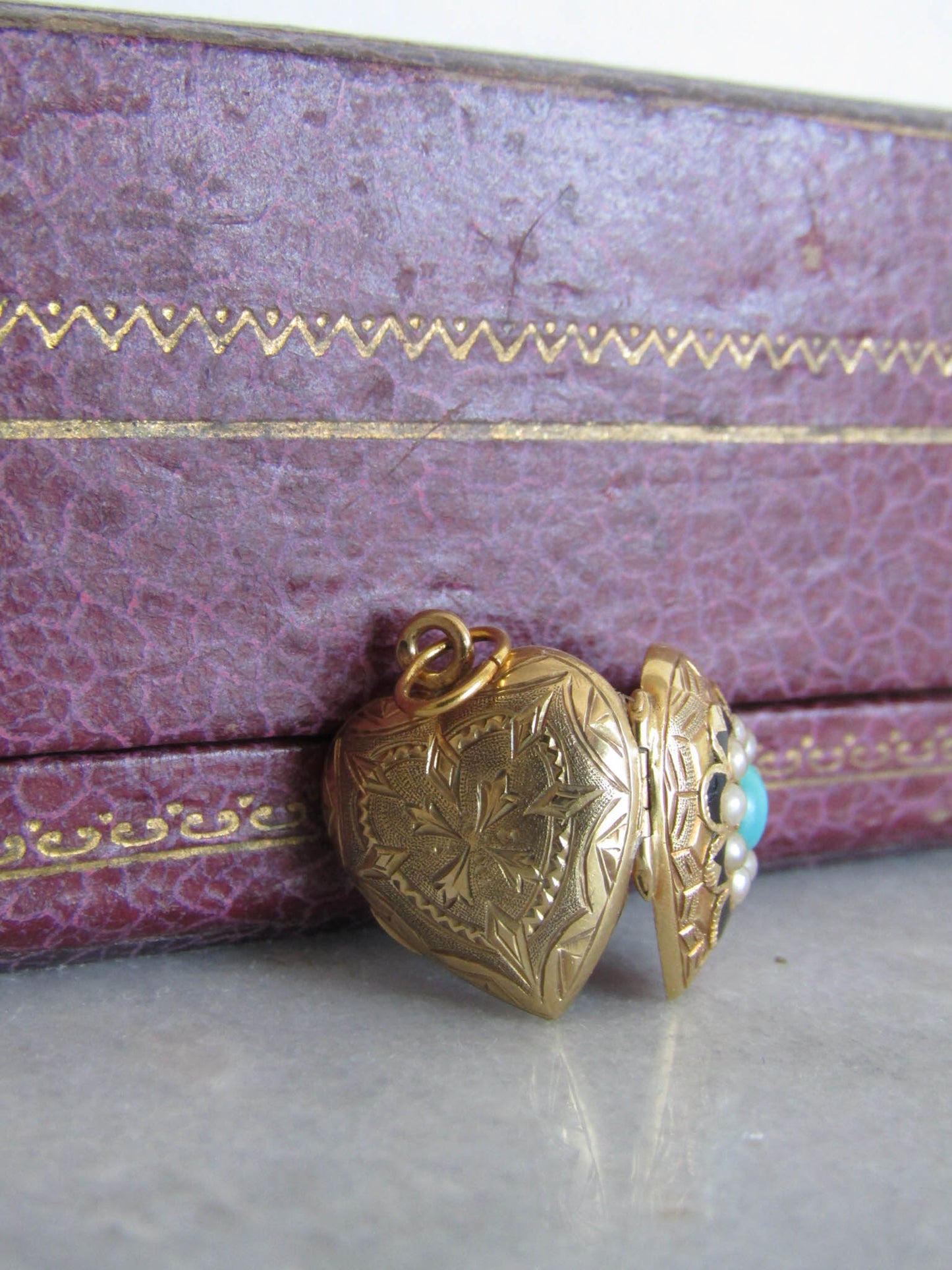 Antique French 18K Turquoise Enamel Heart Locket with Seed Pearls and Secret Glass Partition c. 1840