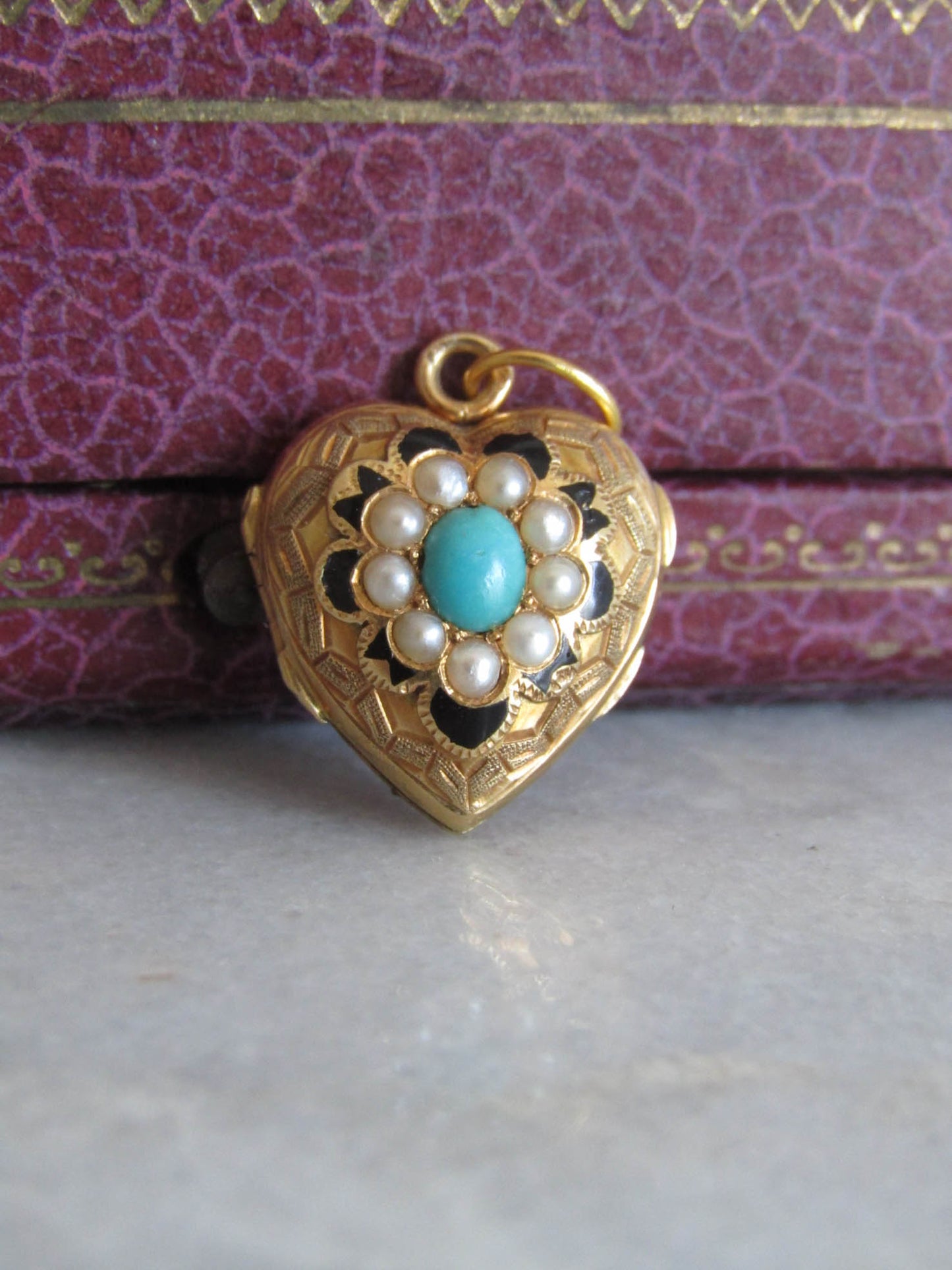 Antique French 18K Turquoise Enamel Heart Locket with Seed Pearls and Secret Glass Partition c. 1840