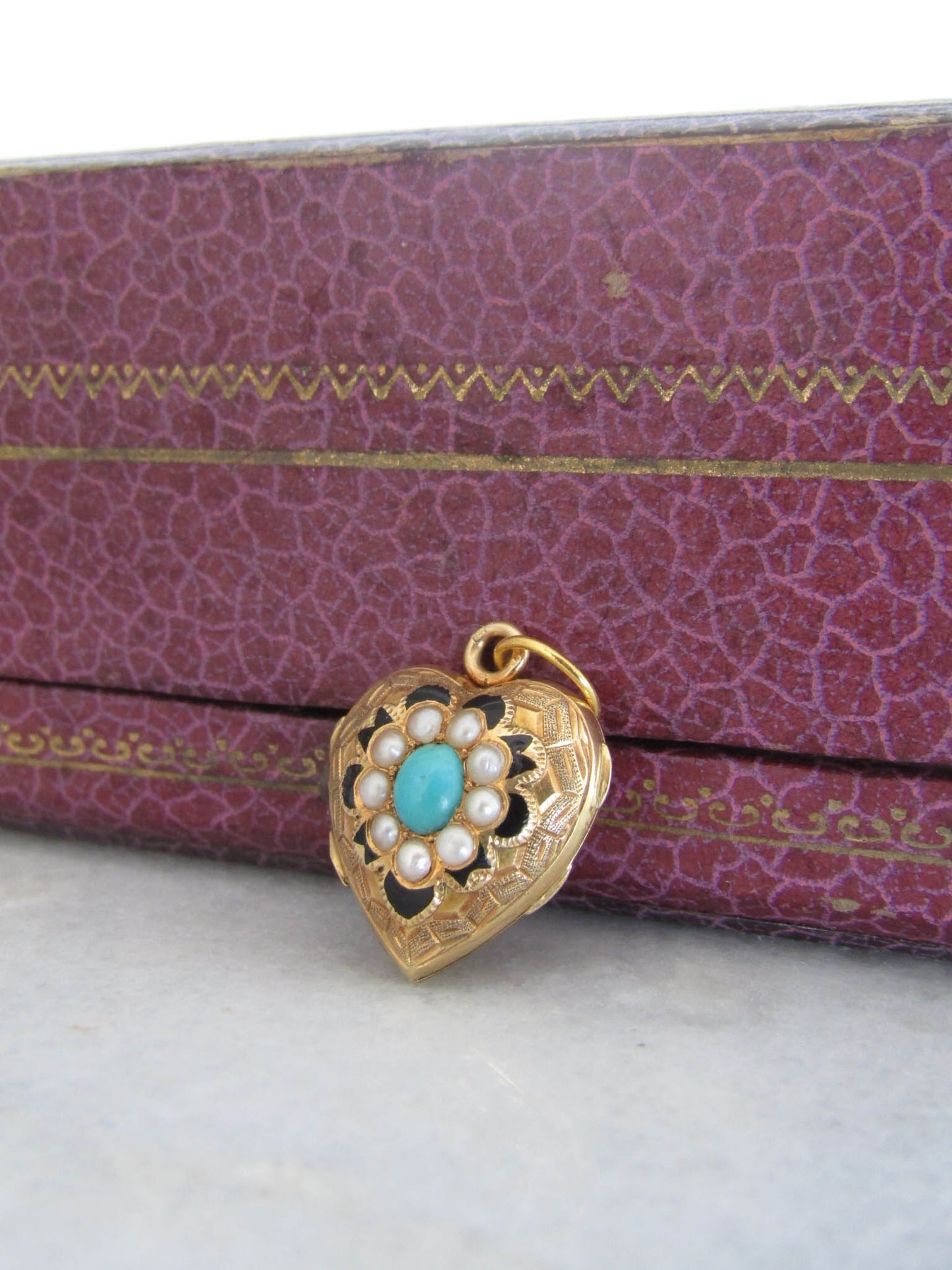 Antique French 18K Turquoise Enamel Heart Locket with Seed Pearls and Secret Glass Partition c. 1840