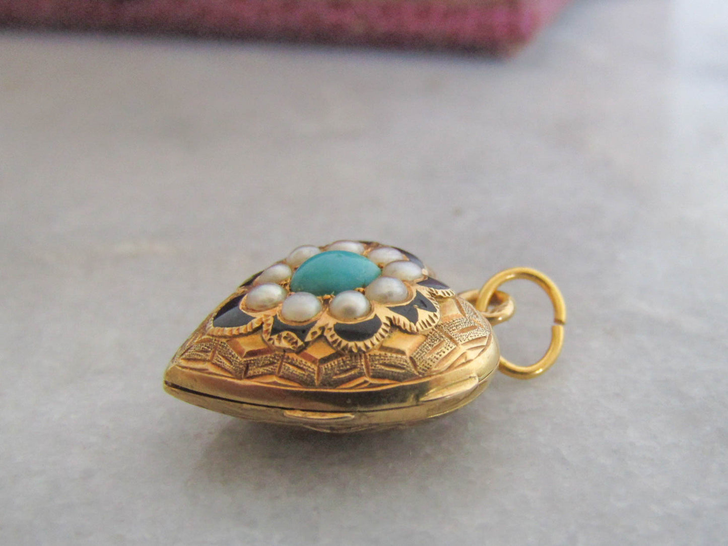 Antique French 18K Turquoise Enamel Heart Locket with Seed Pearls and Secret Glass Partition c. 1840