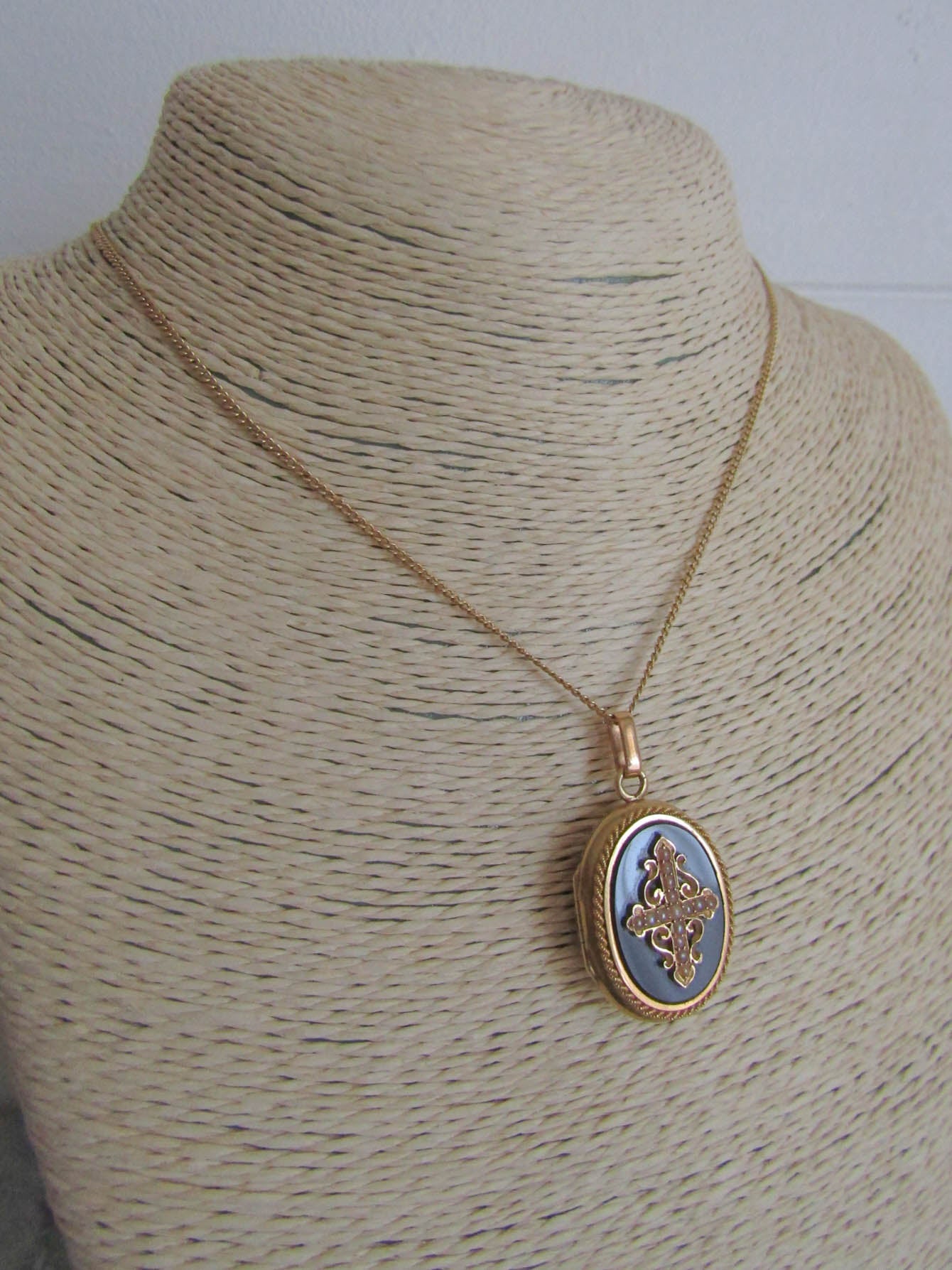 Antique 18k French Napolen III Onyx Mourning Locket with Seed Pearls