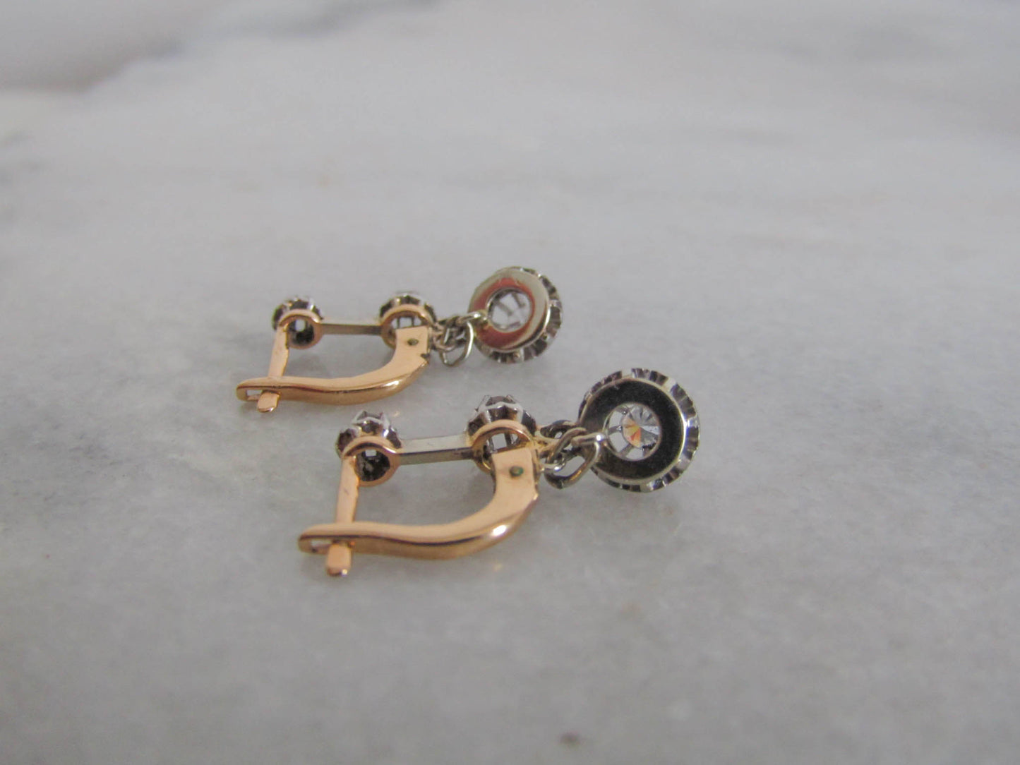 BOXED | Antique 18K Diamond Trembleuse Drop Earrings, French 18k White and Yellow Gold Dangle Earrings, Bridal Earrings c. 1930