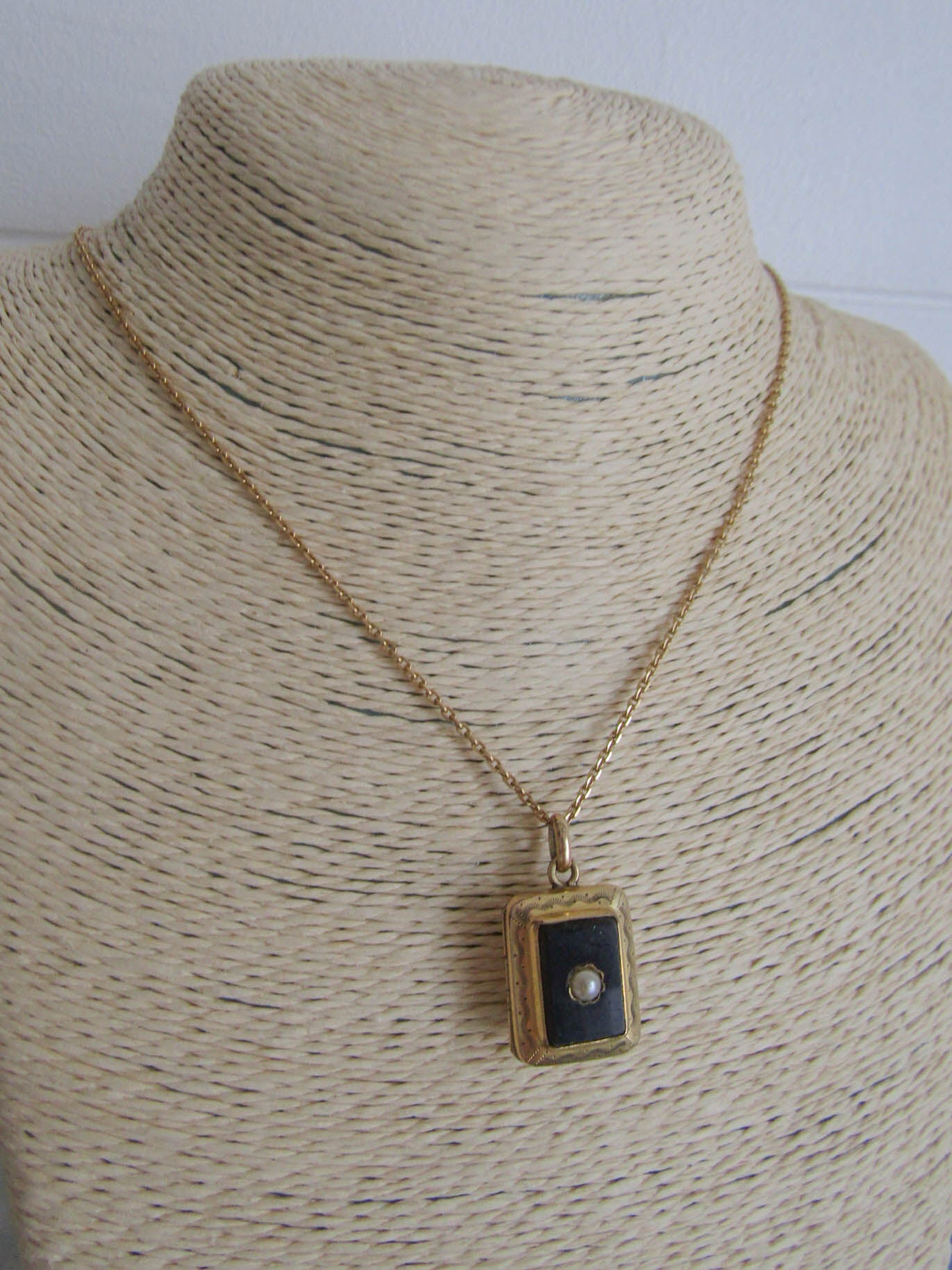 Antique Gold Filled Onyx Mourning Locket, Rectangular Onyx Pendant with Hinged Glass Partition c. 180