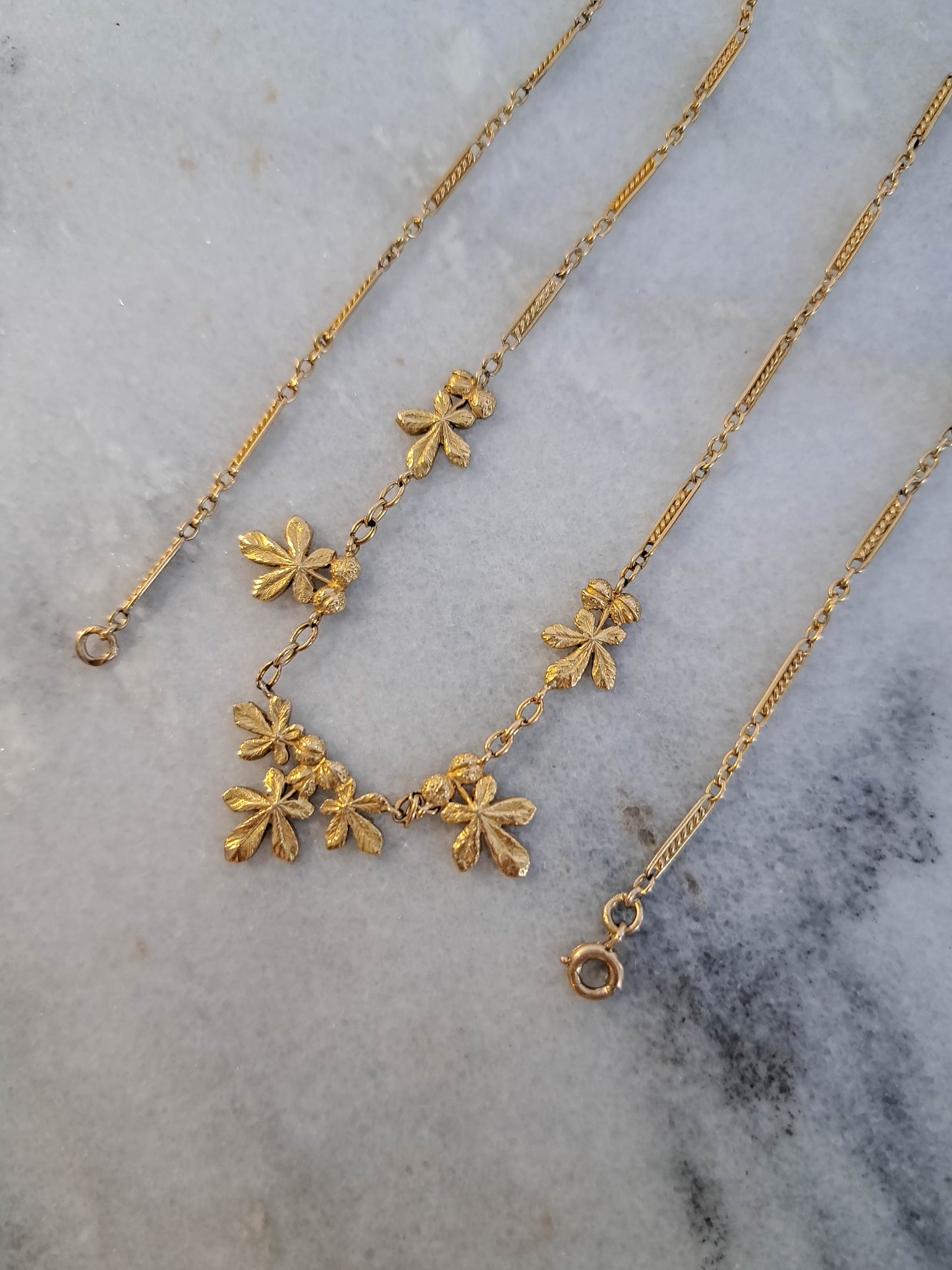 18K Solid Gold Chestnut Drapery Necklace, Antique French Chestnut Leaves Necklace c. 1900