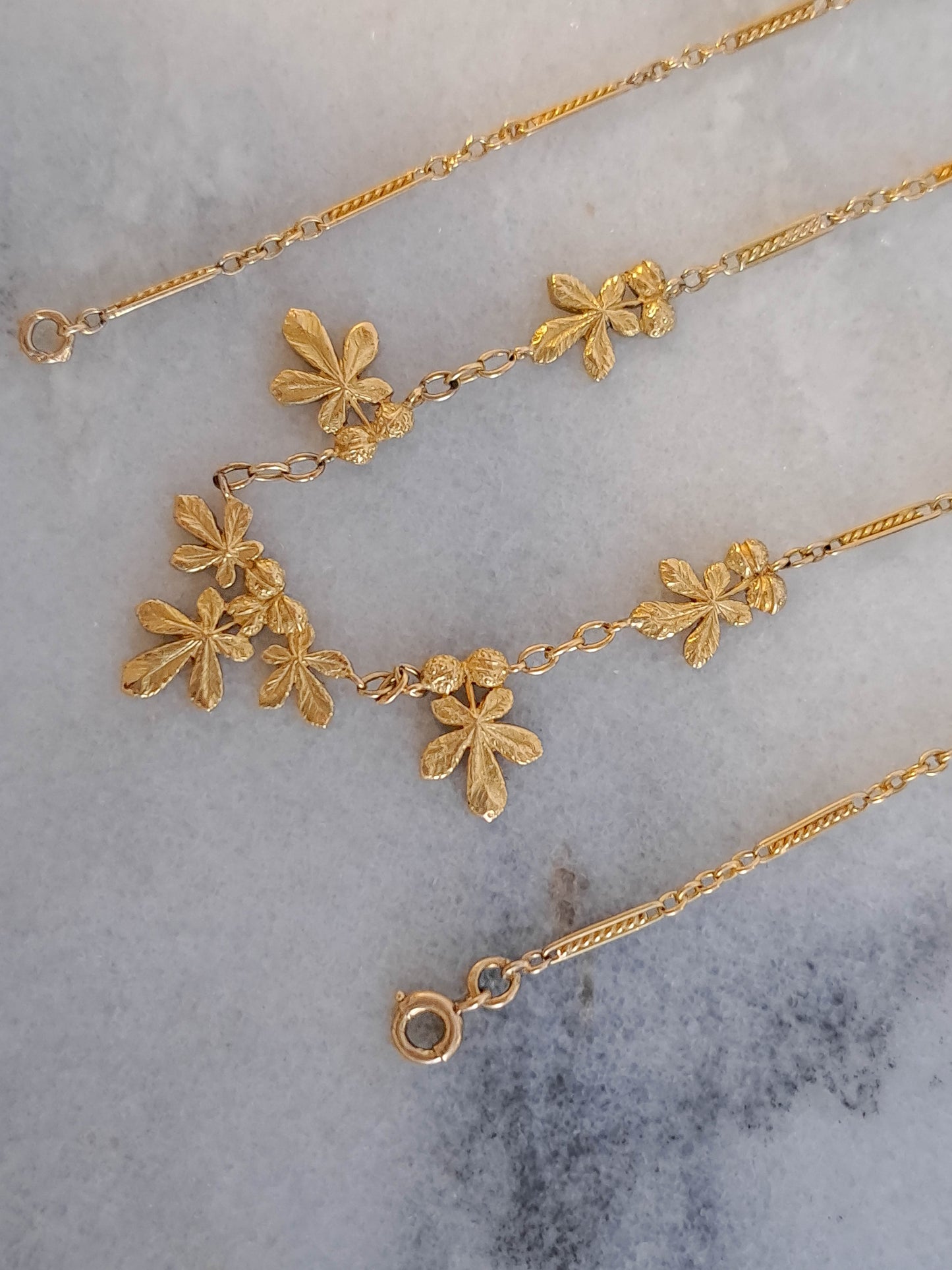 18K Solid Gold Chestnut Drapery Necklace, Antique French Chestnut Leaves Necklace c. 1900