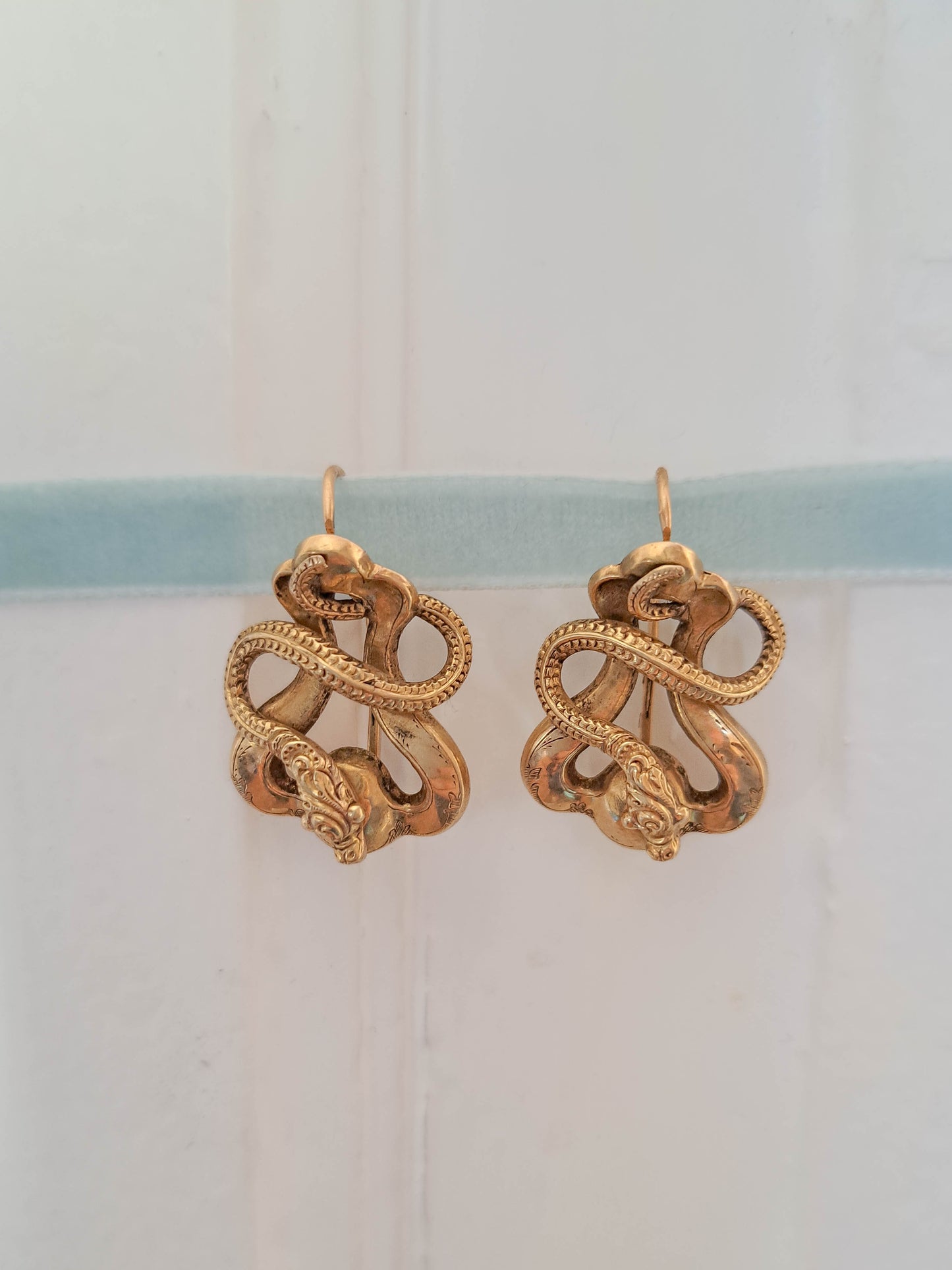 Antique 18K Snake Earrings, Victorian Belle Epoque Sleeper Earrings, Napoleon III Serpent Dormeuse c. 1860