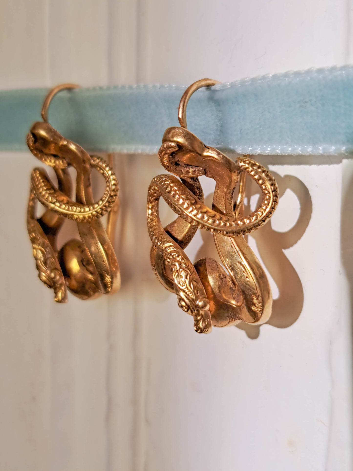 Antique 18K Snake Earrings, Victorian Belle Epoque Sleeper Earrings, Napoleon III Serpent Dormeuse c. 1860