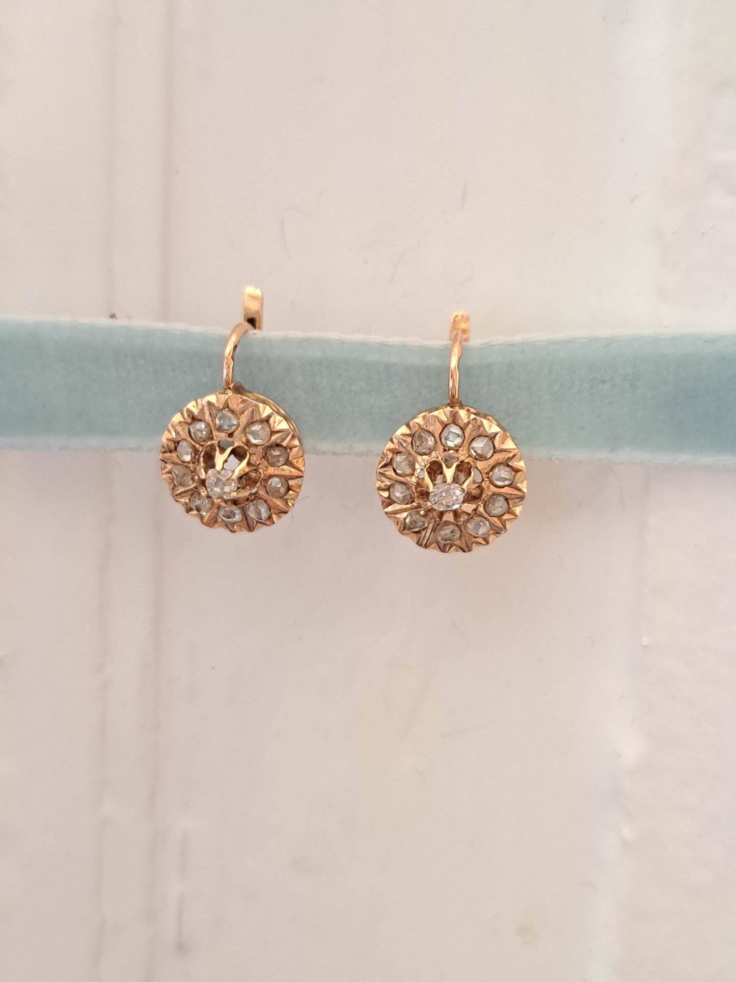 18K Antique Victorian Diamond Daisy Earrings, Antique Belle Epoque Daisy Cluster Earrings