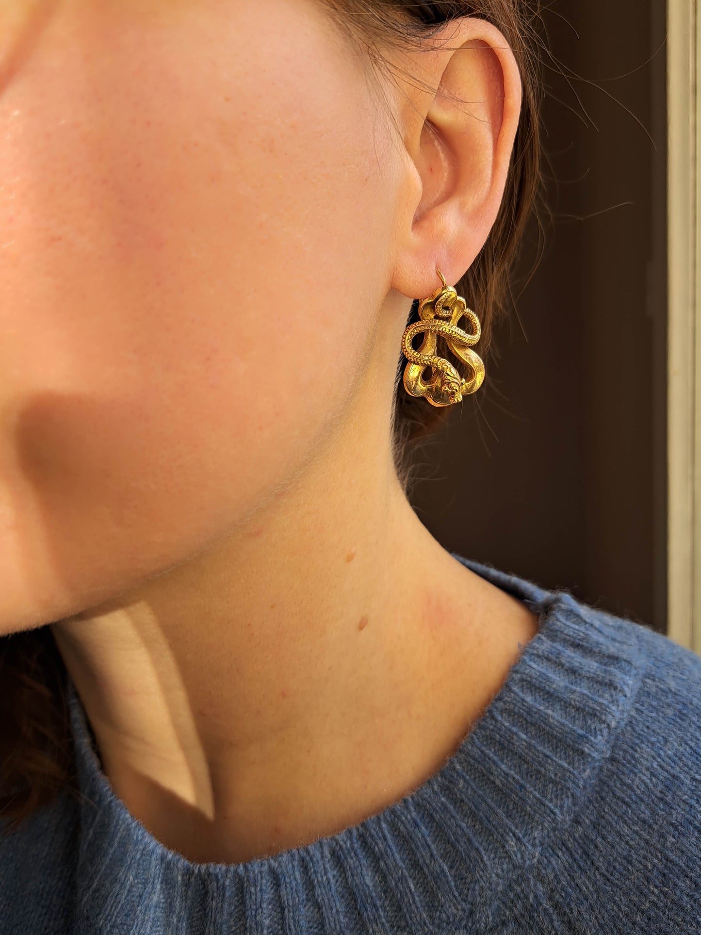 Antique 18K Snake Earrings, Victorian Belle Epoque Sleeper Earrings, Napoleon III Serpent Dormeuse c. 1860