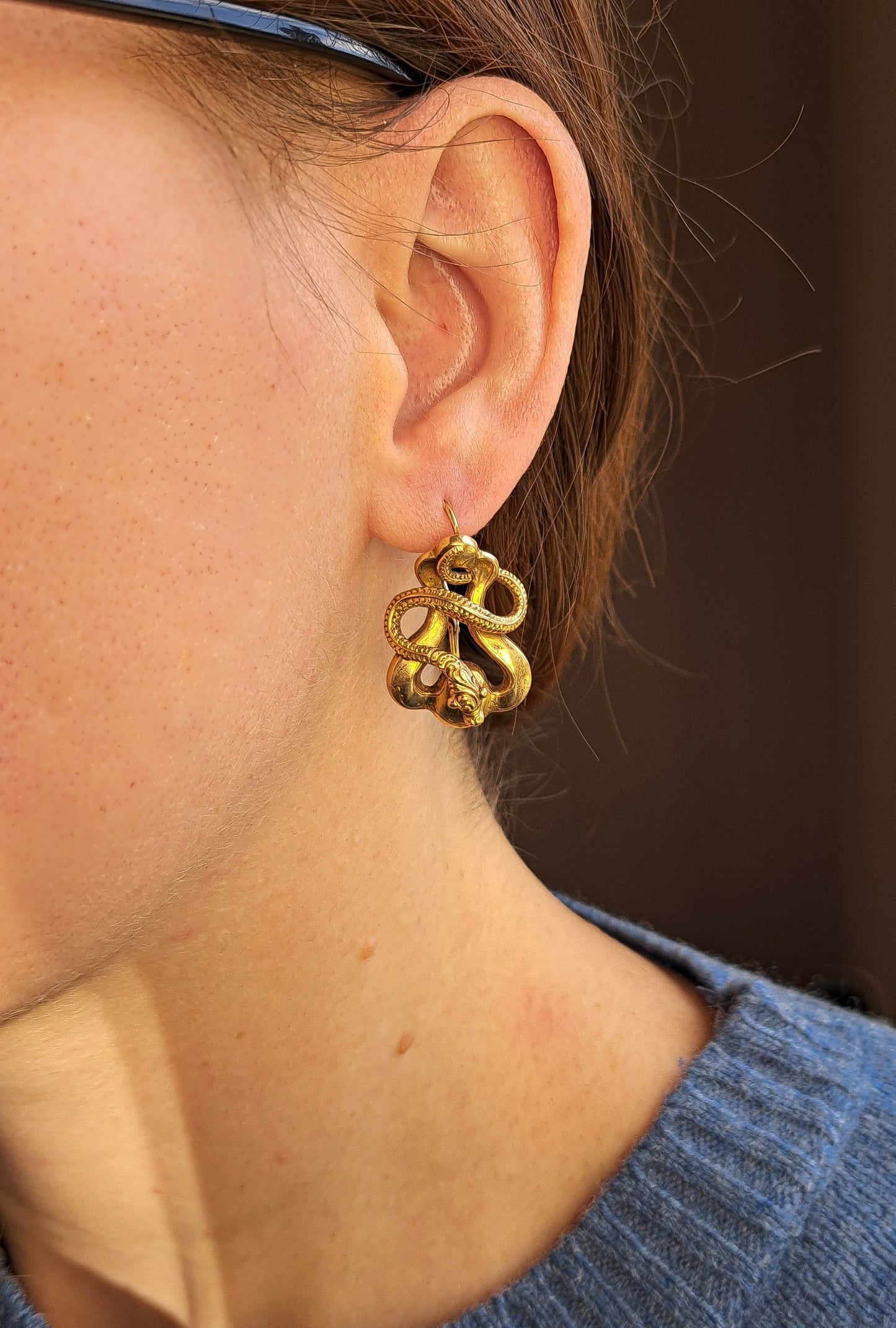 Antique 18K Snake Earrings, Victorian Belle Epoque Sleeper Earrings, Napoleon III Serpent Dormeuse c. 1860