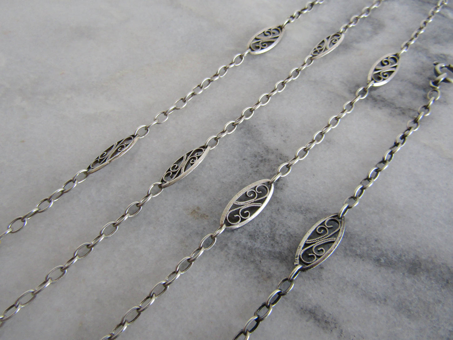 31" Silver Victorian Filigree Half Guard Chain