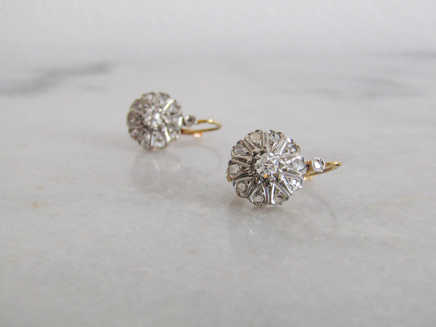 Antique Edwardian Diamond, Platinum, and Gold Daisy Cluster Earrings, Antique French Marguerite Diamond Earrings c. 1900
