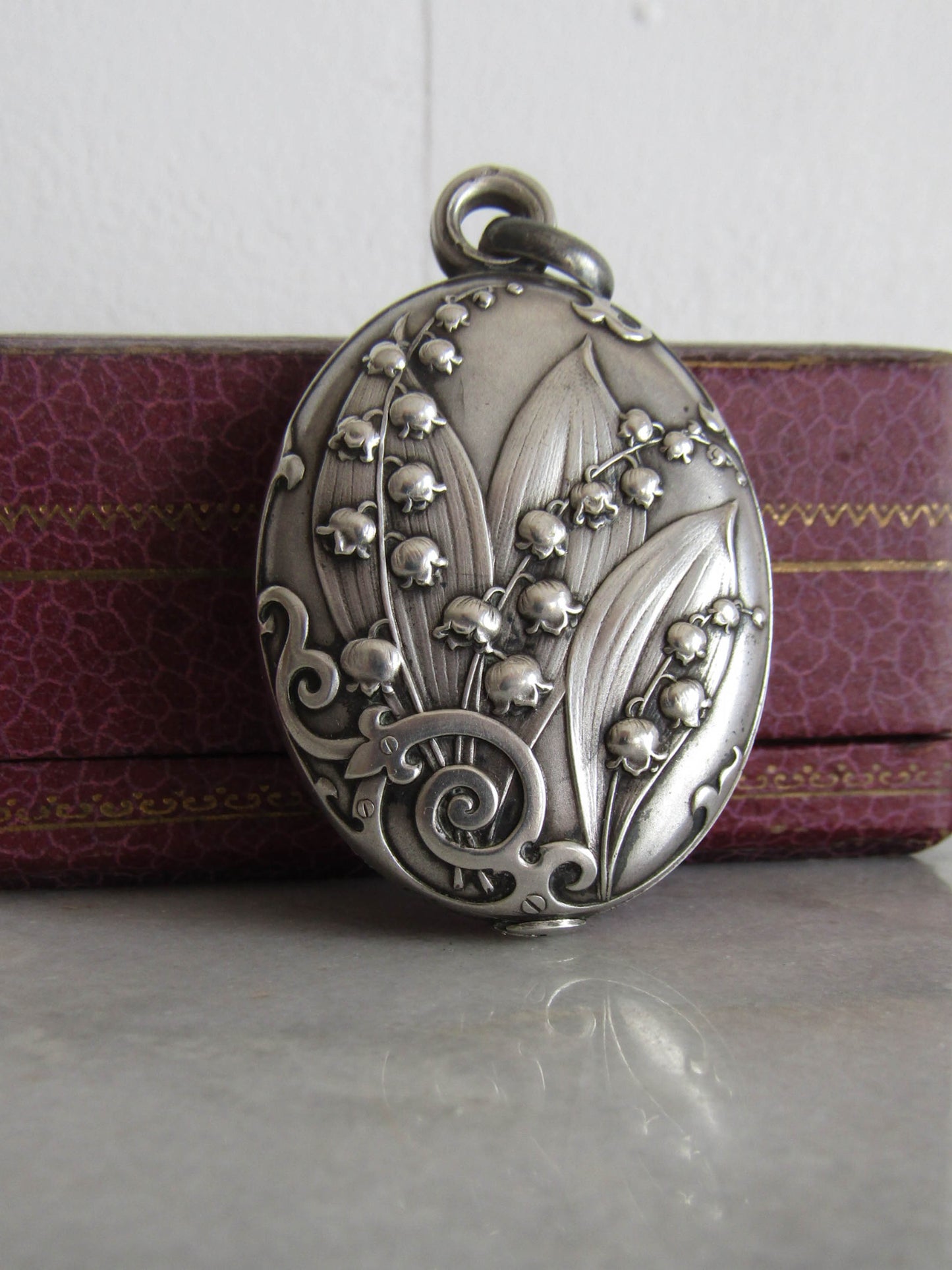 Art Nouveau Solid Silver Lilly of the Valley Slide Mirror Pendant, Antique French Slide Mirror c. 1900