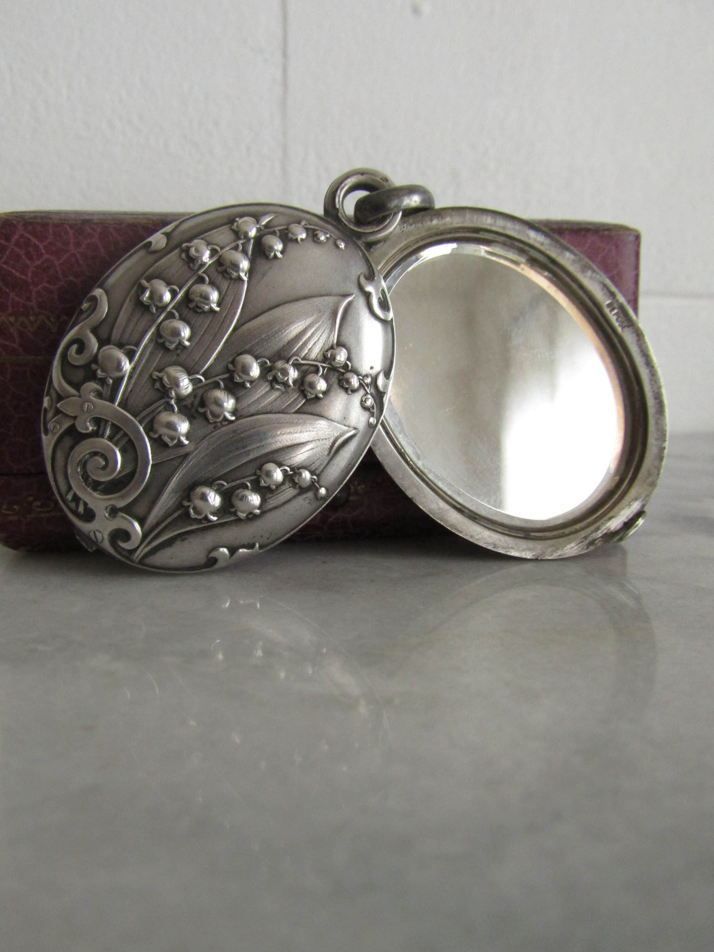 Art Nouveau Solid Silver Lilly of the Valley Slide Mirror Pendant, Antique French Slide Mirror c. 1900