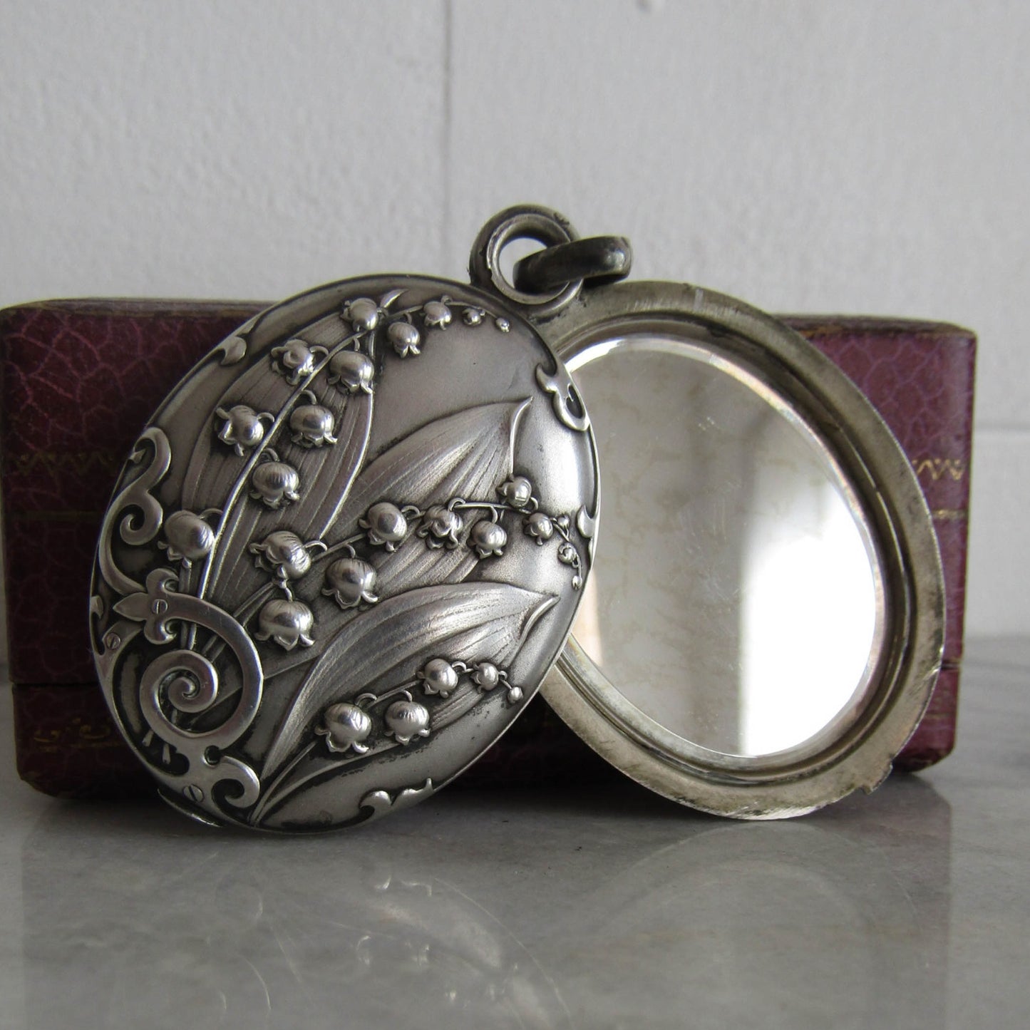 Art Nouveau Solid Silver Lilly of the Valley Slide Mirror Pendant, Antique French Slide Mirror c. 1900