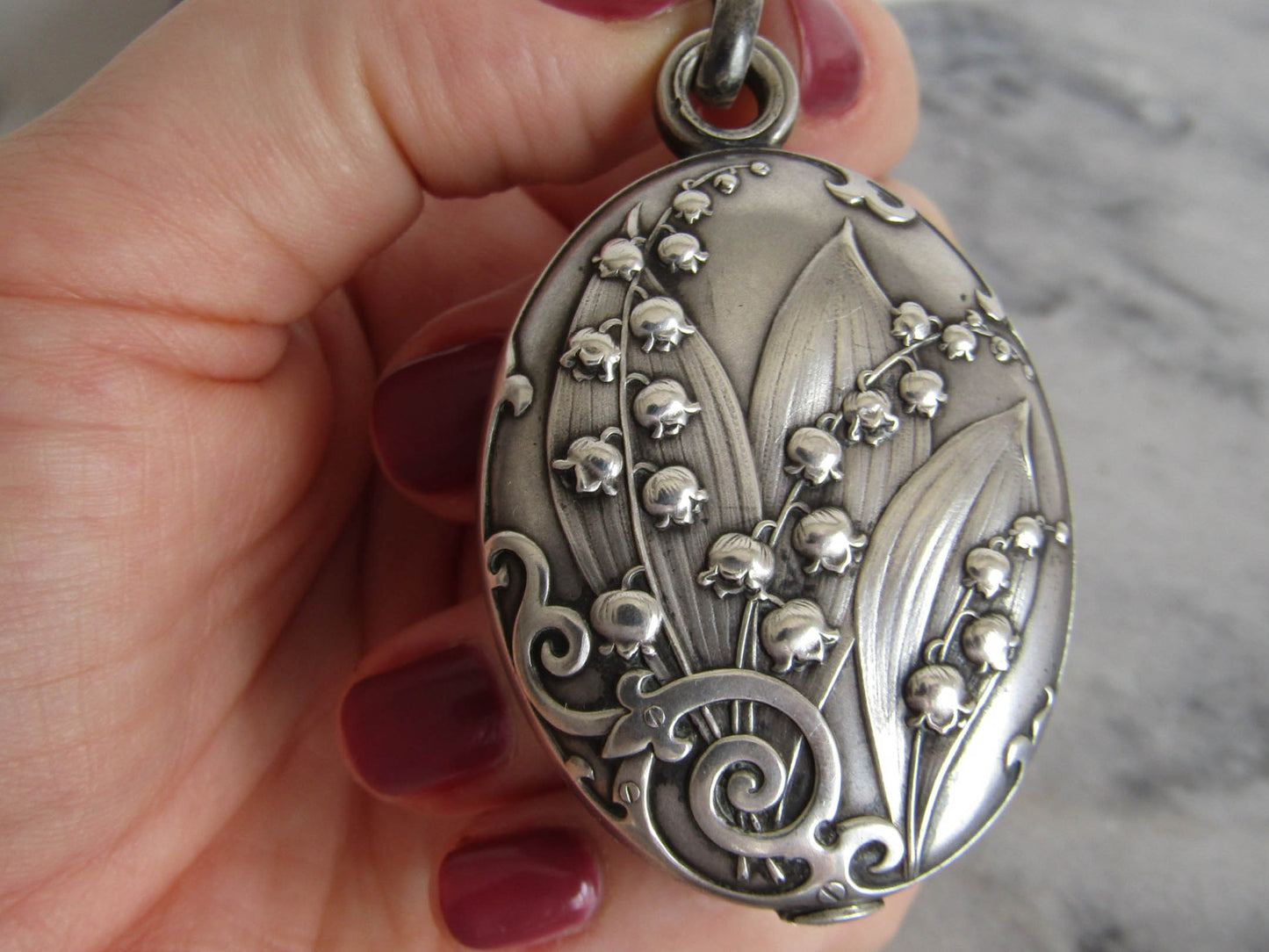 Art Nouveau Solid Silver Lilly of the Valley Slide Mirror Pendant, Antique French Slide Mirror c. 1900