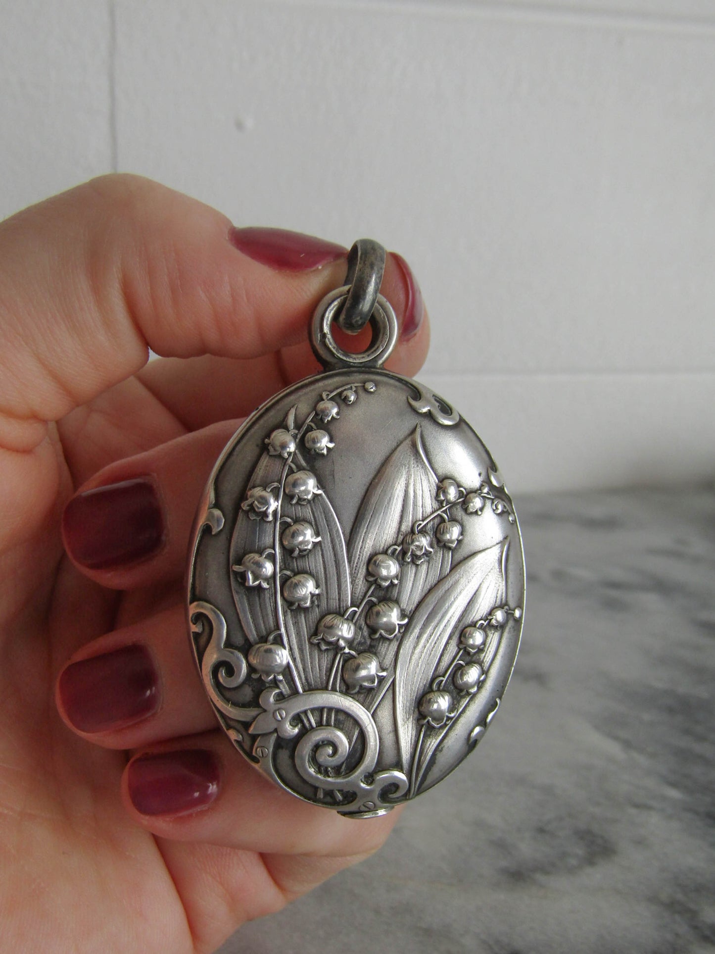 Art Nouveau Solid Silver Lilly of the Valley Slide Mirror Pendant, Antique French Slide Mirror c. 1900