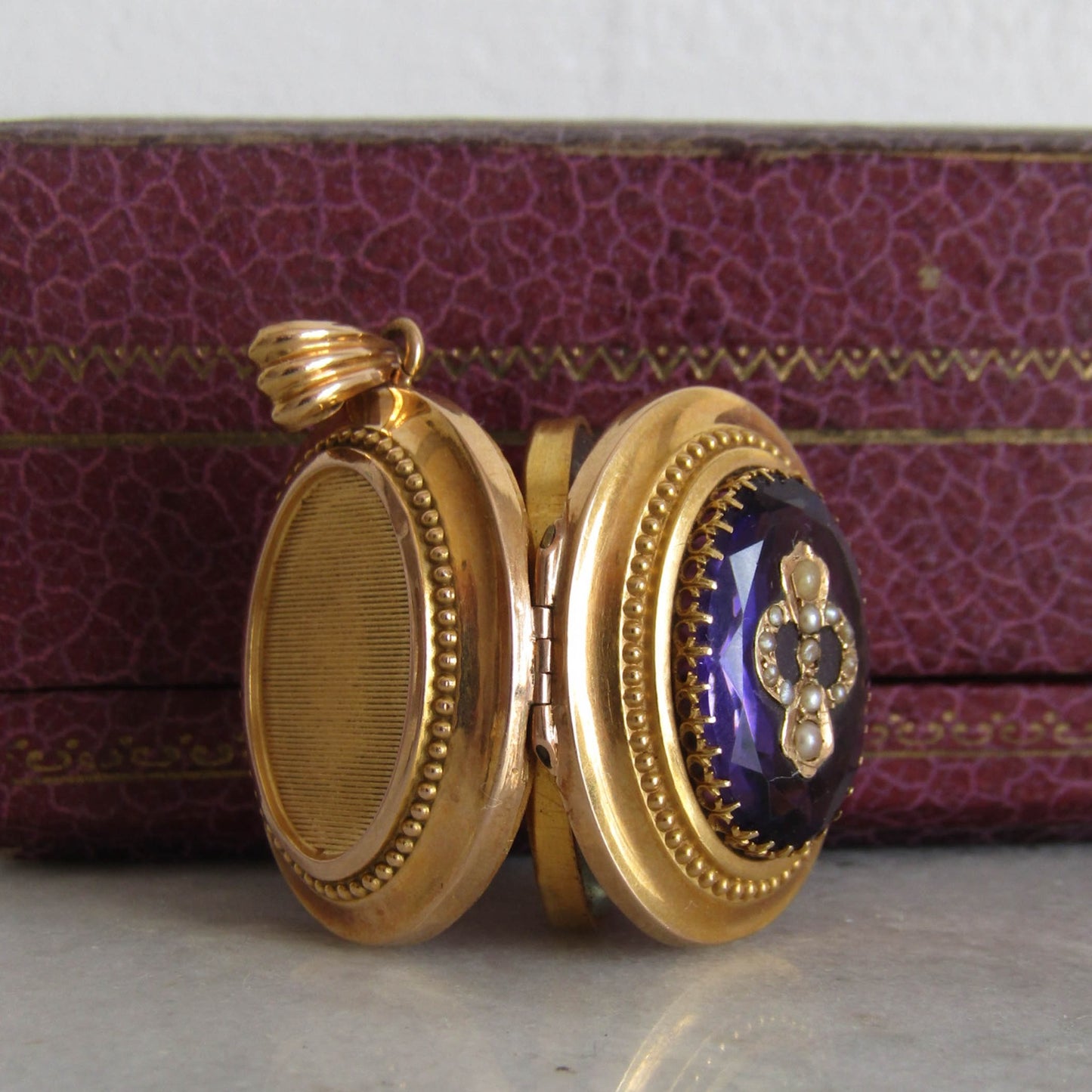Antique Belle Epoque Amethyst Paste Locket with Seed Pearls, French Solid 18K Gold and Amethyst Paste Victorian Locket c. 1870