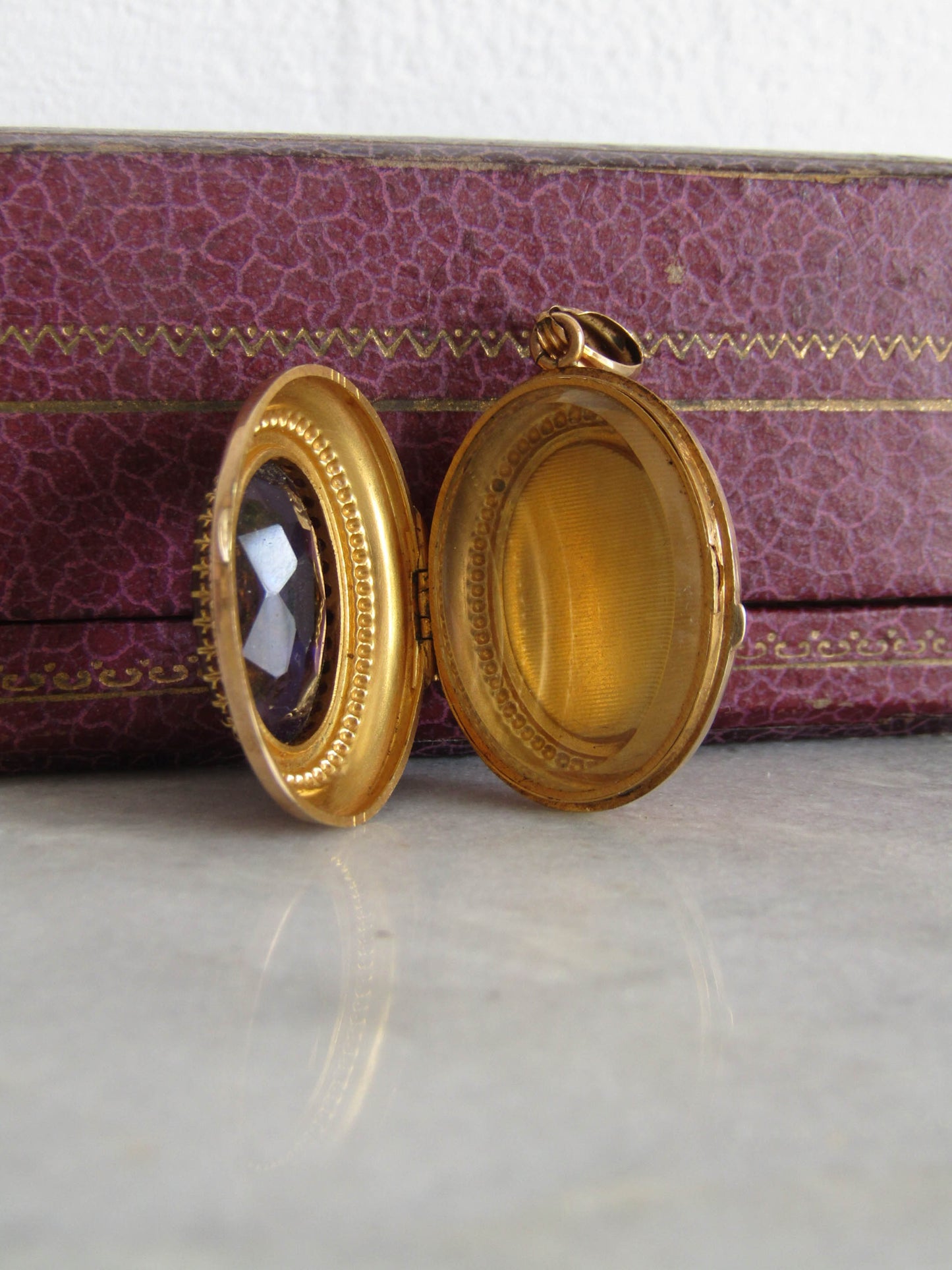Antique Belle Epoque Amethyst Paste Locket with Seed Pearls, French Solid 18K Gold and Amethyst Paste Victorian Locket c. 1870