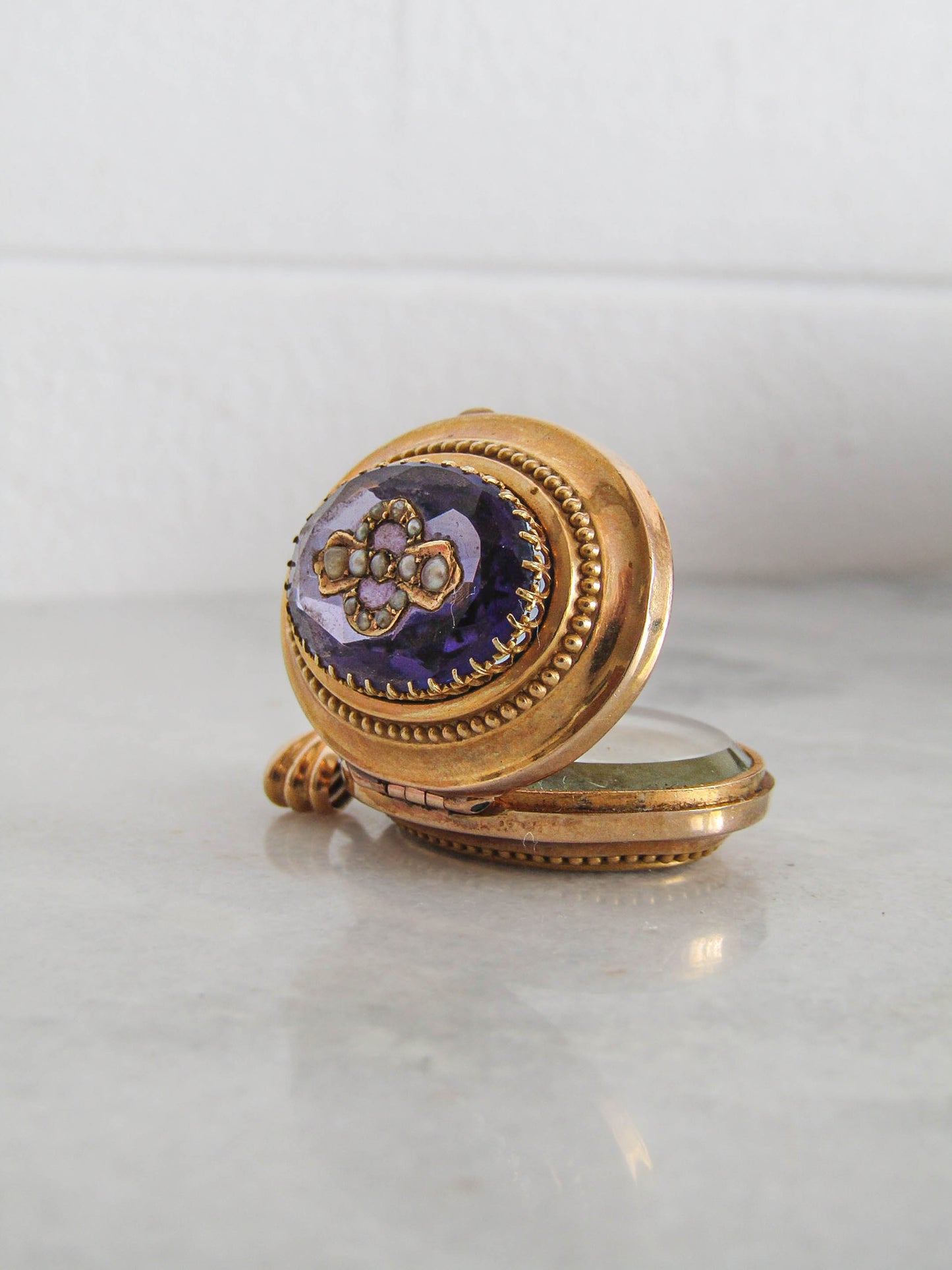 Antique Belle Epoque Amethyst Paste Locket with Seed Pearls, French Solid 18K Gold and Amethyst Paste Victorian Locket c. 1870