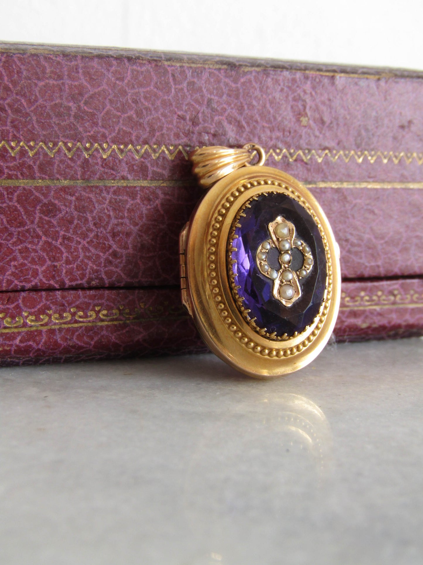 Antique Belle Epoque Amethyst Paste Locket with Seed Pearls, French Solid 18K Gold and Amethyst Paste Victorian Locket c. 1870