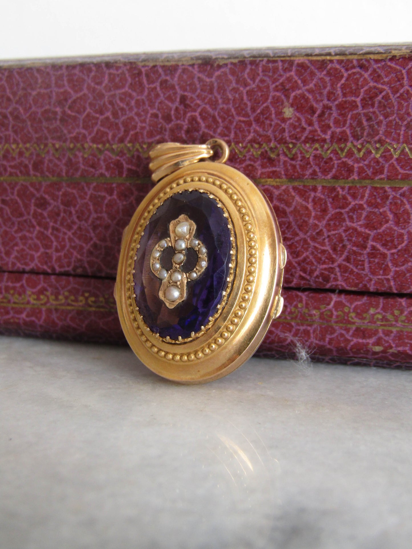 Antique Belle Epoque Amethyst Paste Locket with Seed Pearls, French Solid 18K Gold and Amethyst Paste Victorian Locket c. 1870