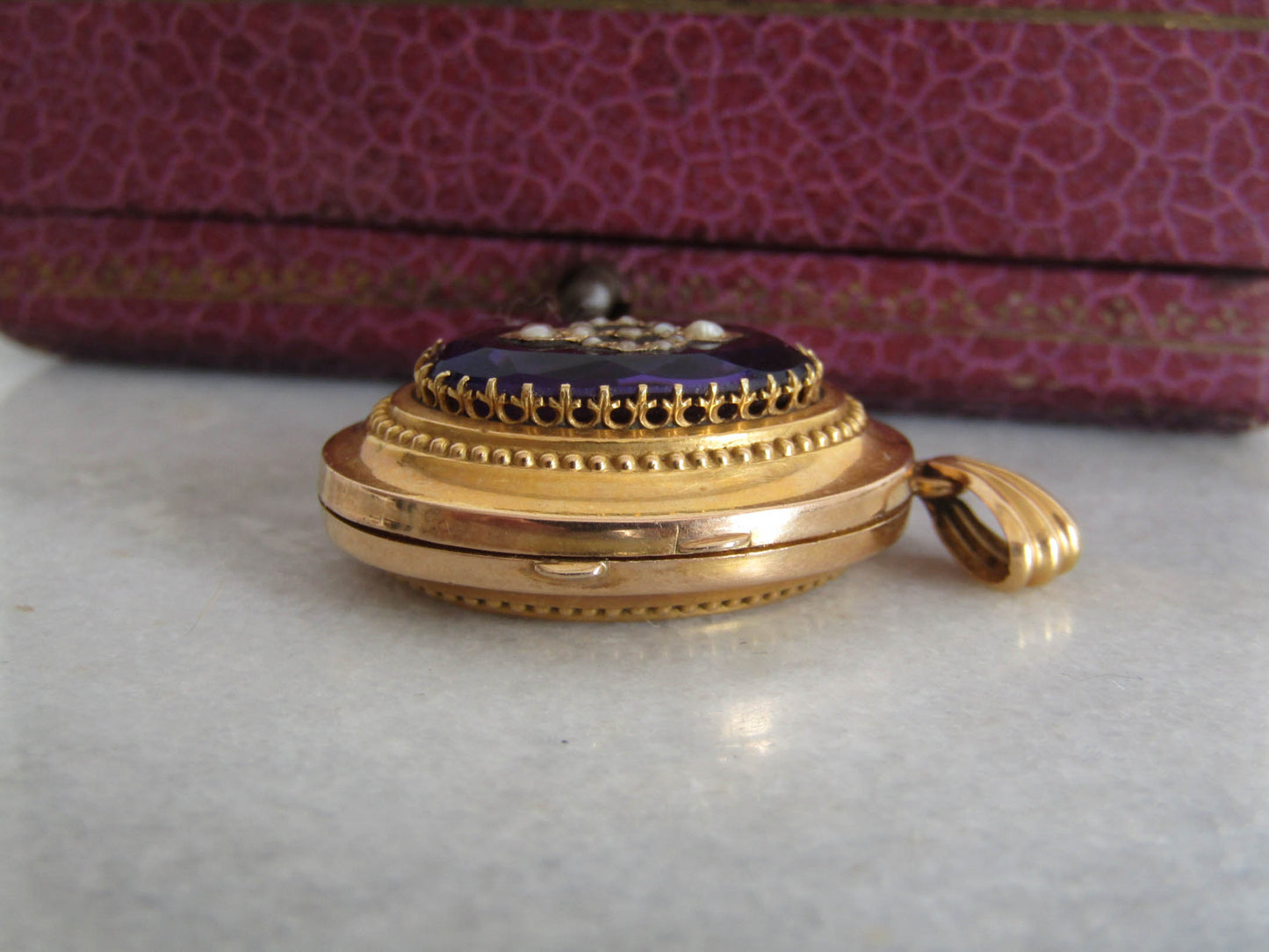 Antique Belle Epoque Amethyst Paste Locket with Seed Pearls, French Solid 18K Gold and Amethyst Paste Victorian Locket c. 1870