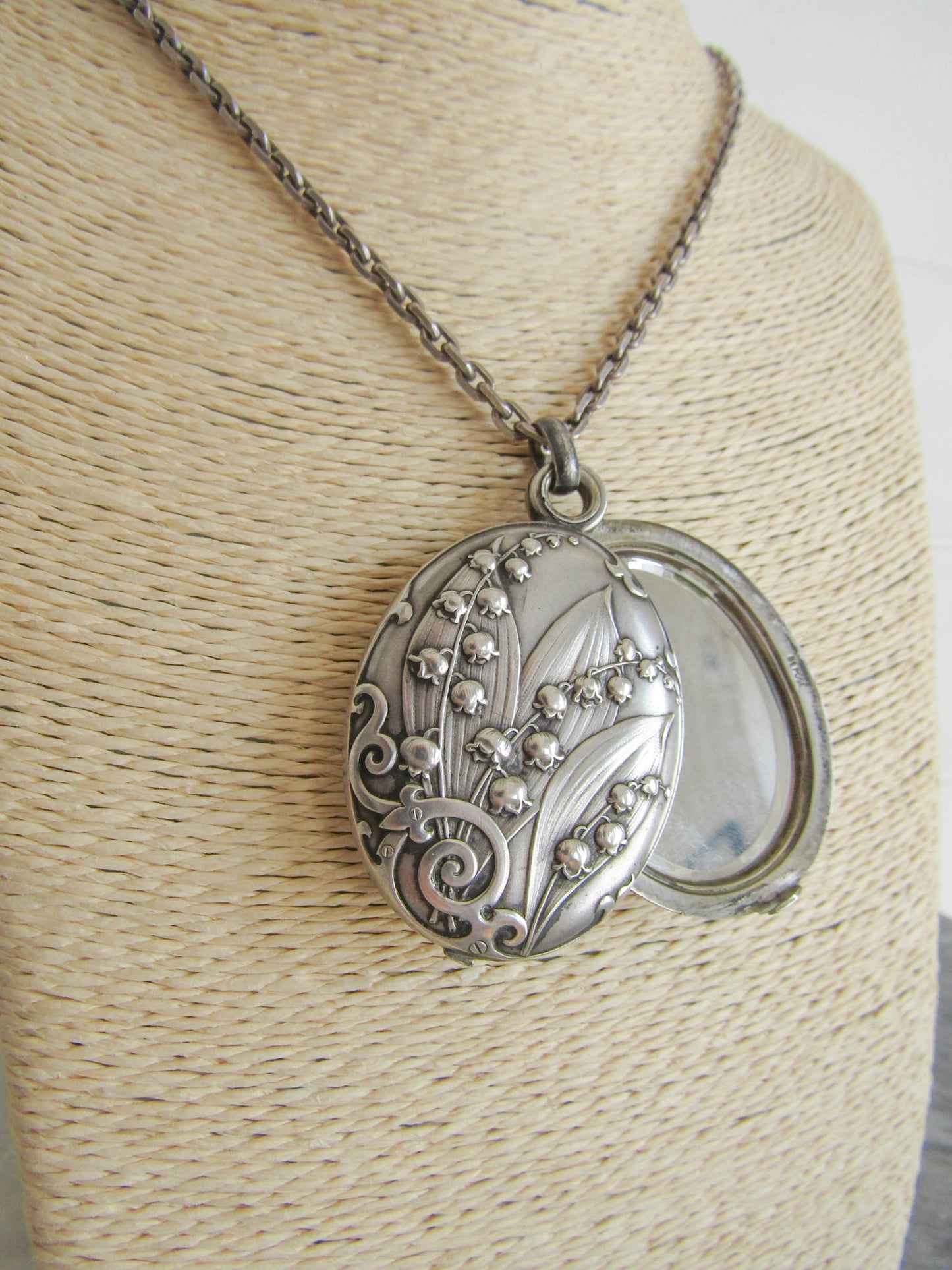 Art Nouveau Solid Silver Lilly of the Valley Slide Mirror Pendant, Antique French Slide Mirror c. 1900