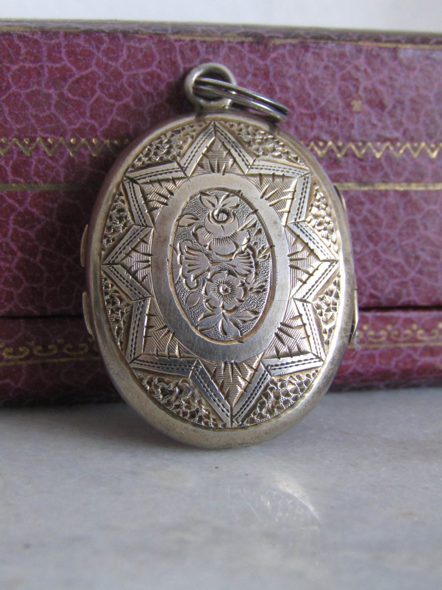 Antique Silver Colored Metal Engraved Oval Locket, French Victorian Hairwork Locket c. 1870