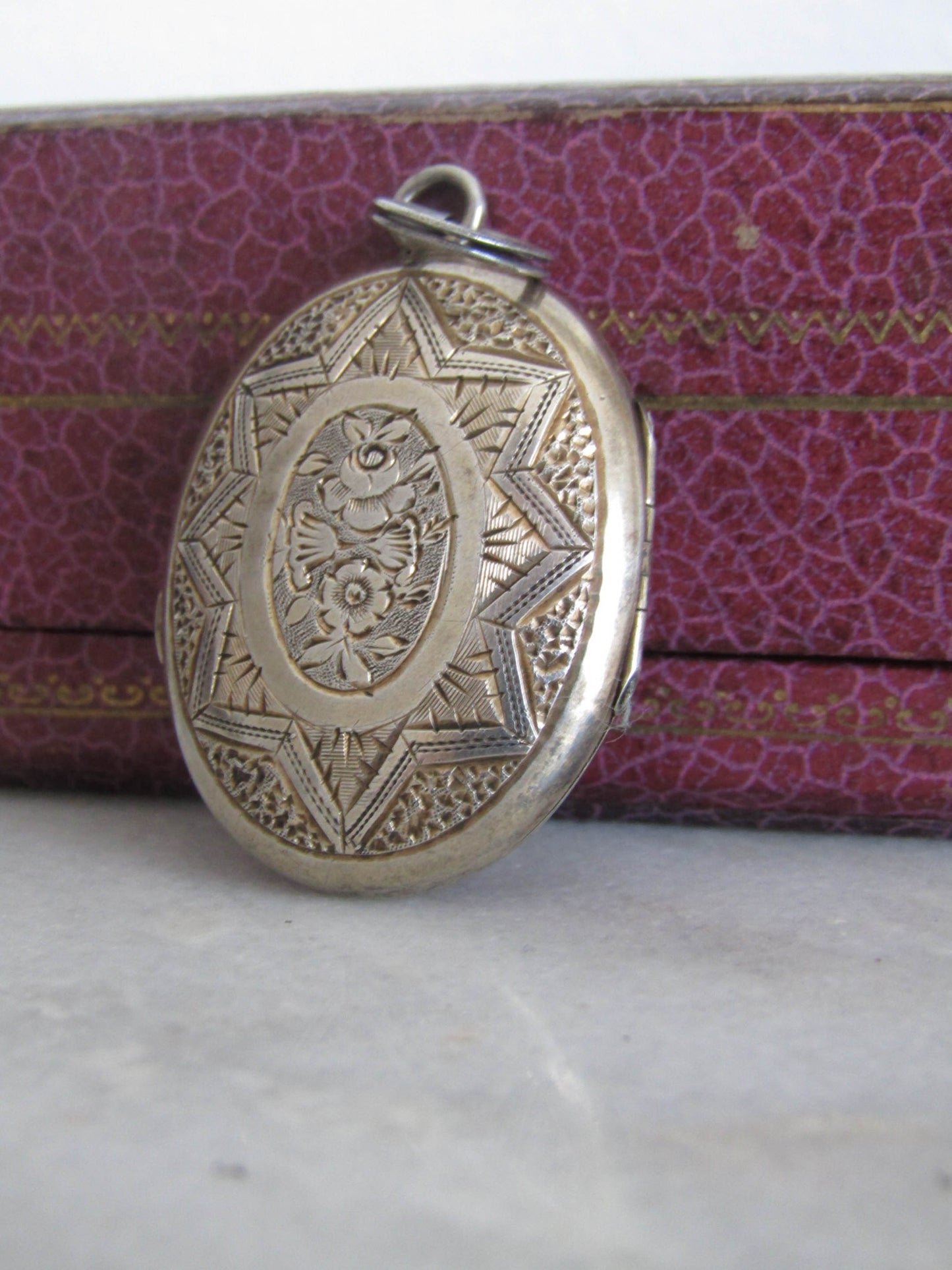 Antique Silver Colored Metal Engraved Oval Locket, French Victorian Hairwork Locket c. 1870