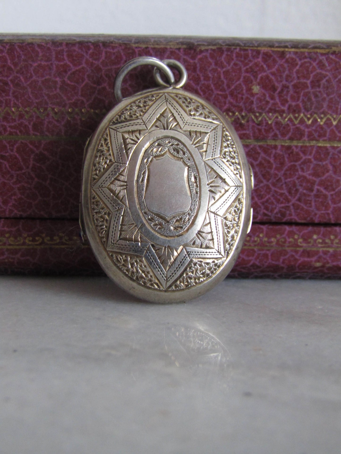 Antique Silver Colored Metal Engraved Oval Locket, French Victorian Hairwork Locket c. 1870
