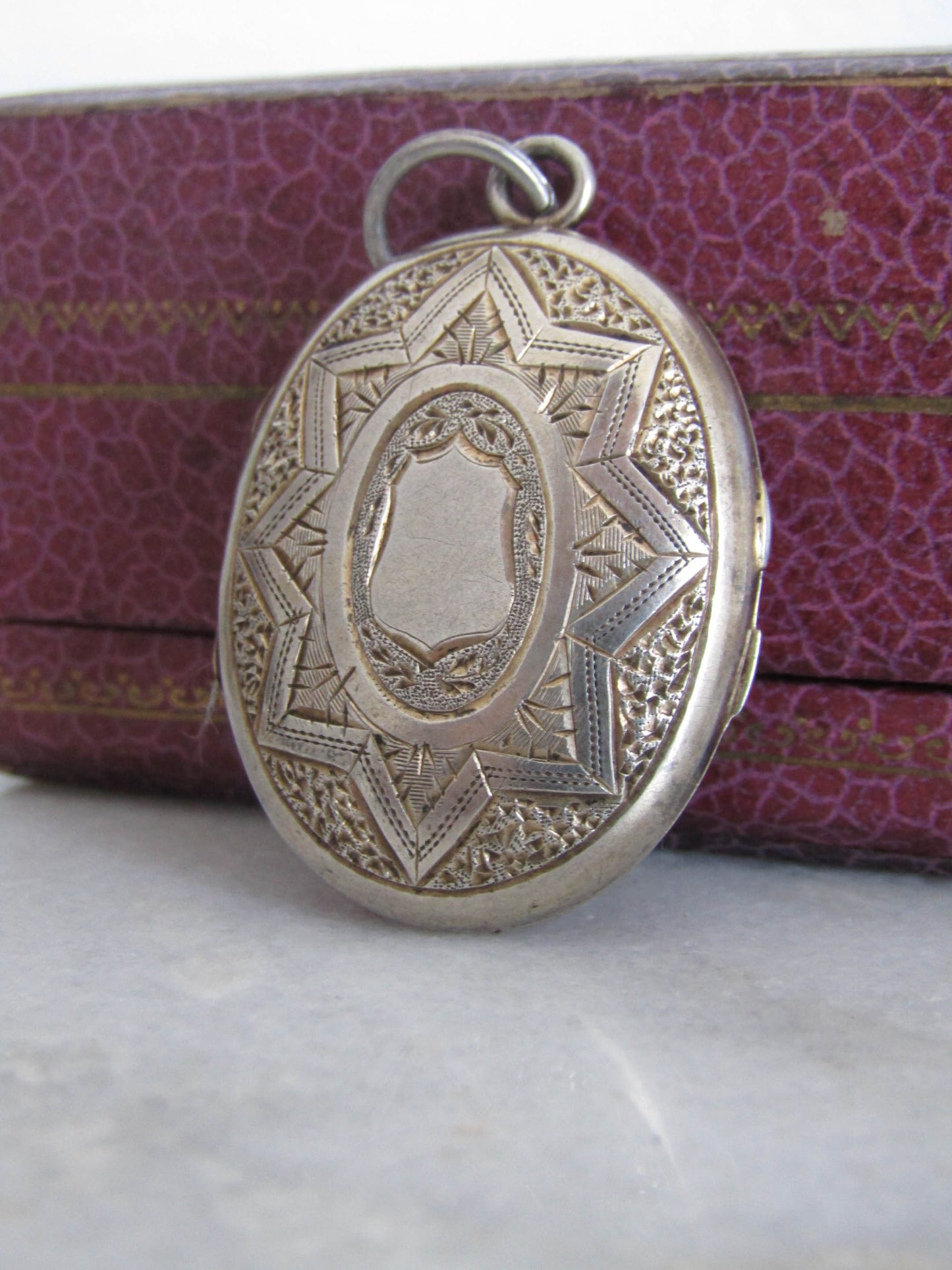 Antique Silver Colored Metal Engraved Oval Locket, French Victorian Hairwork Locket c. 1870