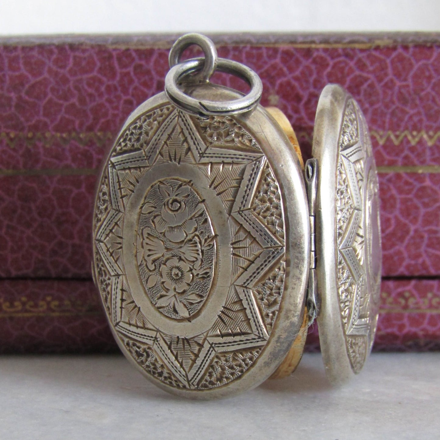 Antique Silver Colored Metal Engraved Oval Locket, French Victorian Hairwork Locket c. 1870