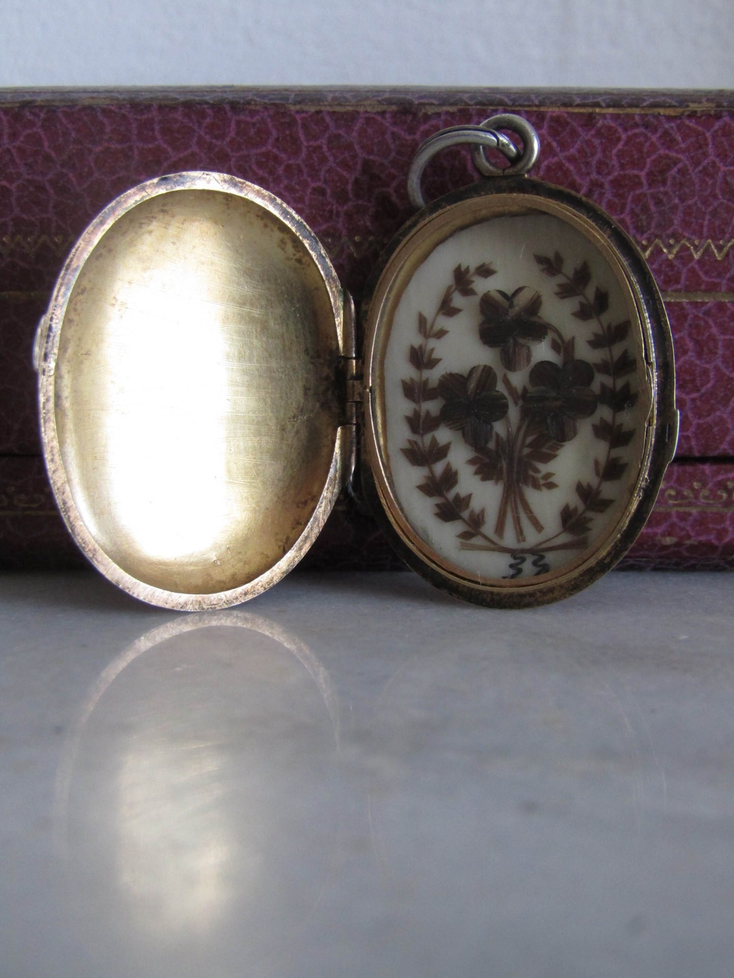 Antique Silver Colored Metal Engraved Oval Locket, French Victorian Hairwork Locket c. 1870