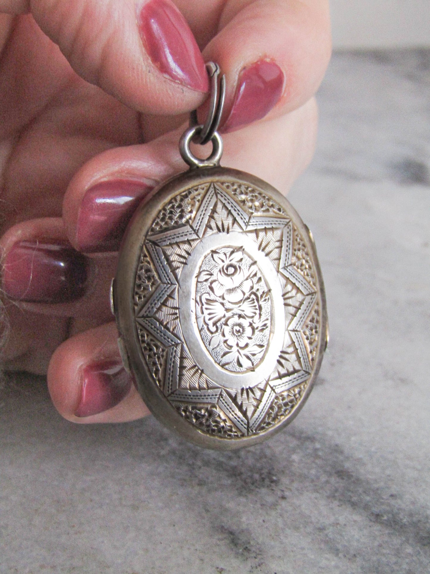 Antique Silver Colored Metal Engraved Oval Locket, French Victorian Hairwork Locket c. 1870