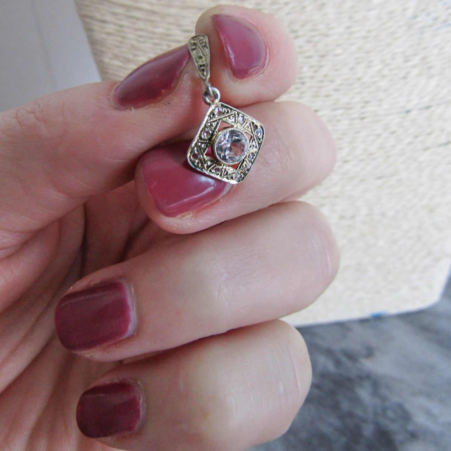 18K Solid Gold and Platinum White Sapphire Pendant c. 1910