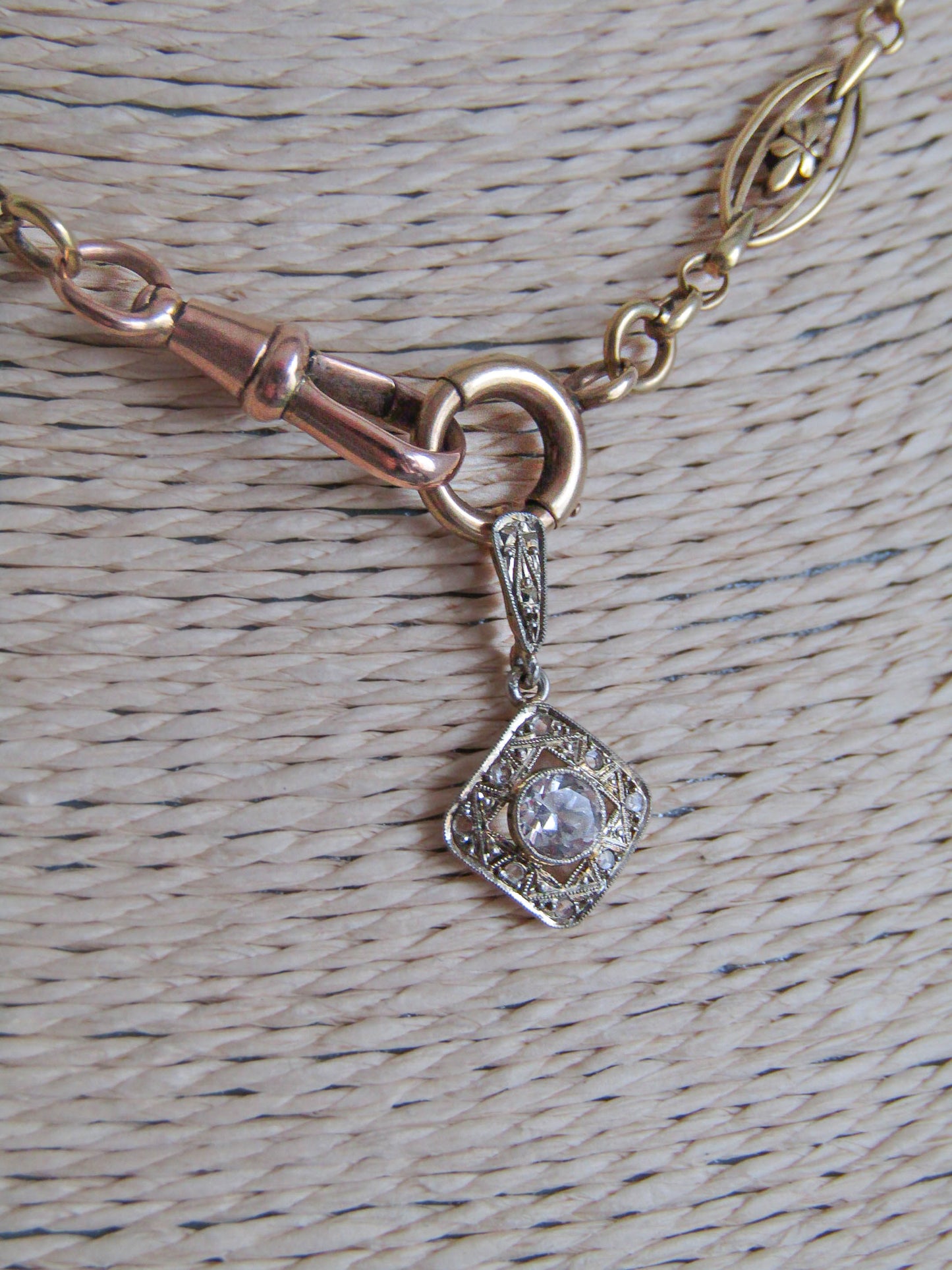18K Solid Gold and Platinum White Sapphire Pendant c. 1910