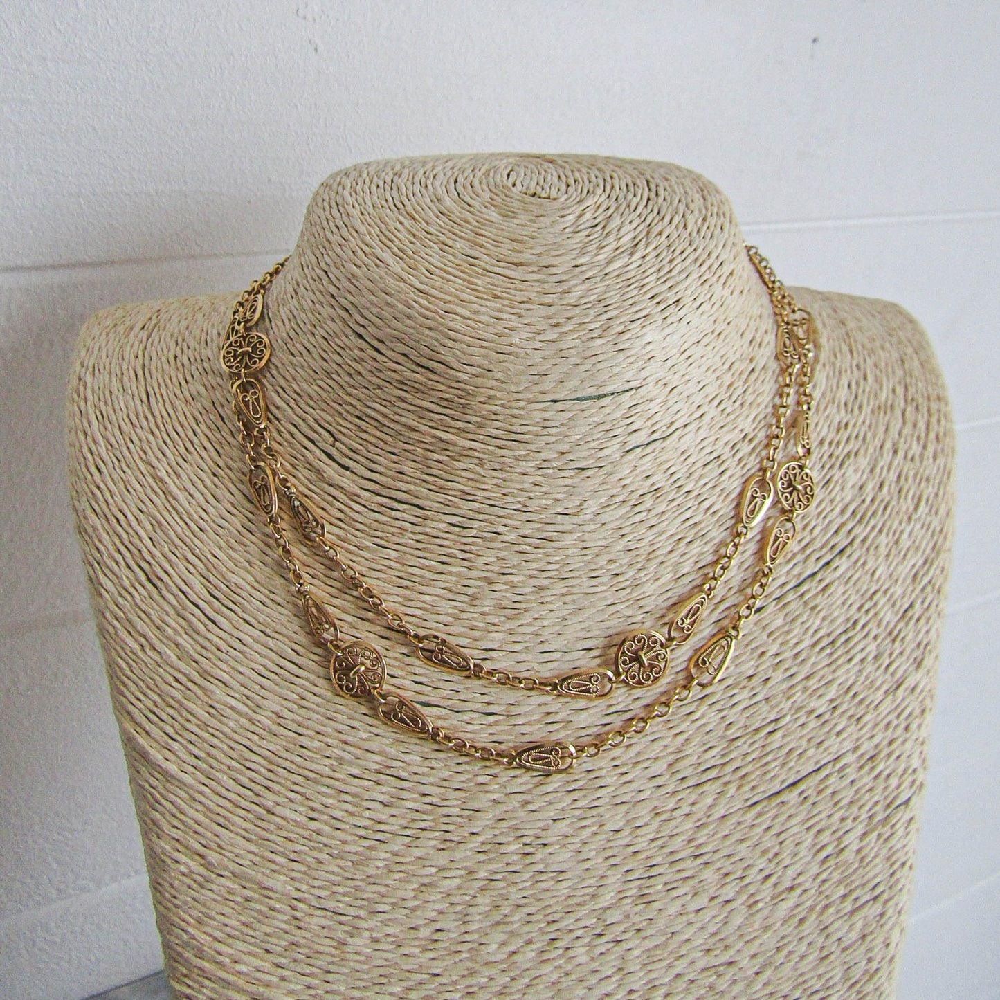 Antique 18K Solid Gold French Belle Epoque Filigree Chain, Filigree Half Guard Chain (22.5 g)