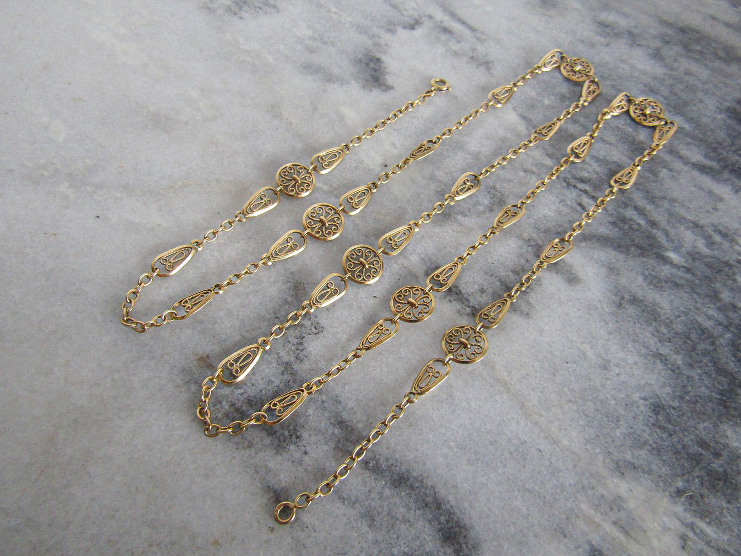 Antique 18K Solid Gold French Belle Epoque Filigree Chain, Filigree Half Guard Chain (22.5 g)