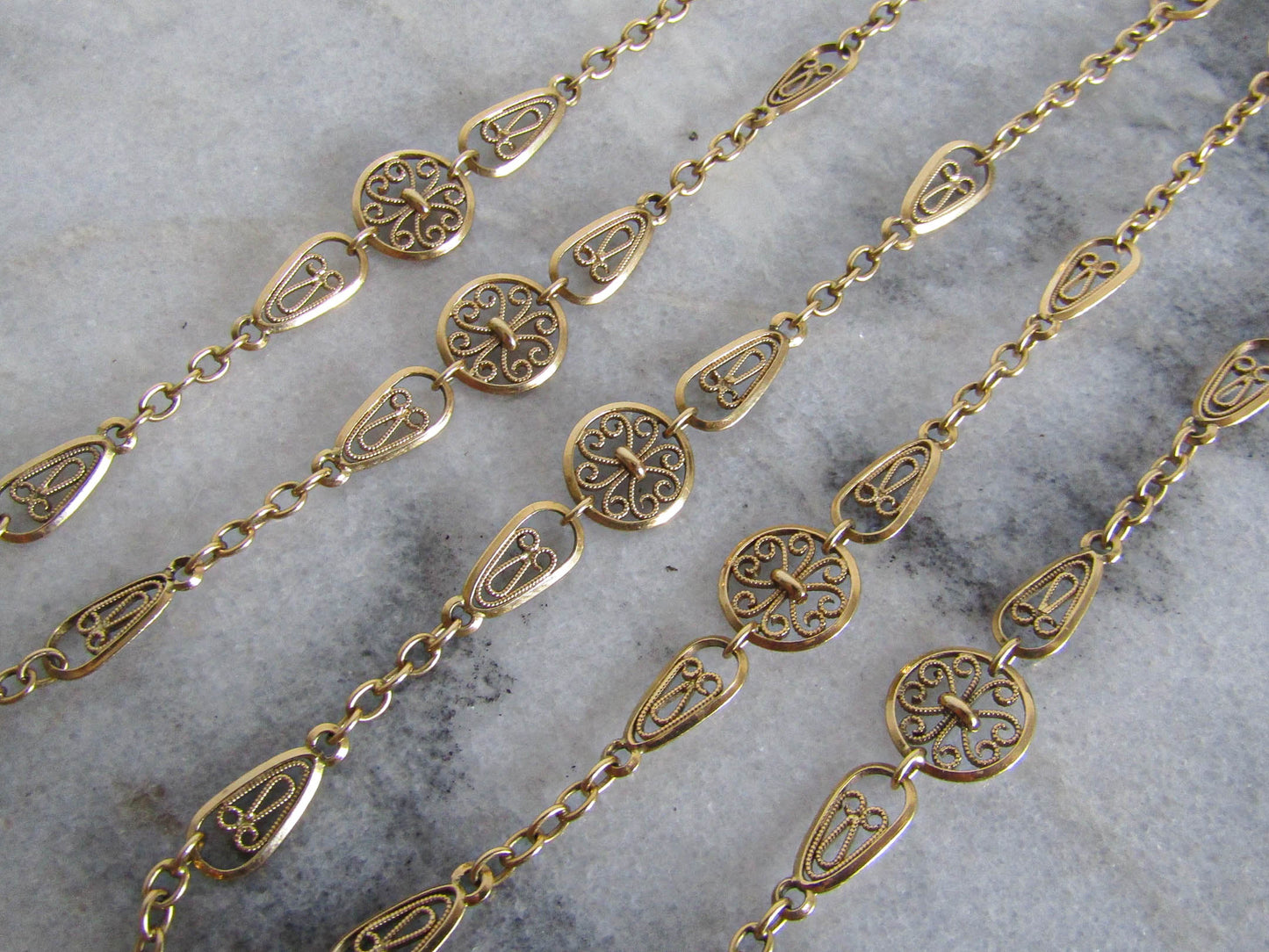 Antique 18K Solid Gold French Belle Epoque Filigree Chain, Filigree Half Guard Chain (22.5 g)