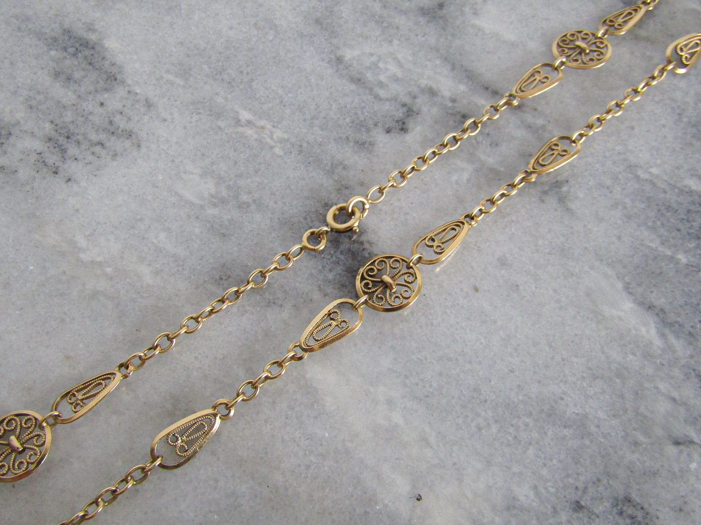 Antique 18K Solid Gold French Belle Epoque Filigree Chain, Filigree Half Guard Chain (22.5 g)
