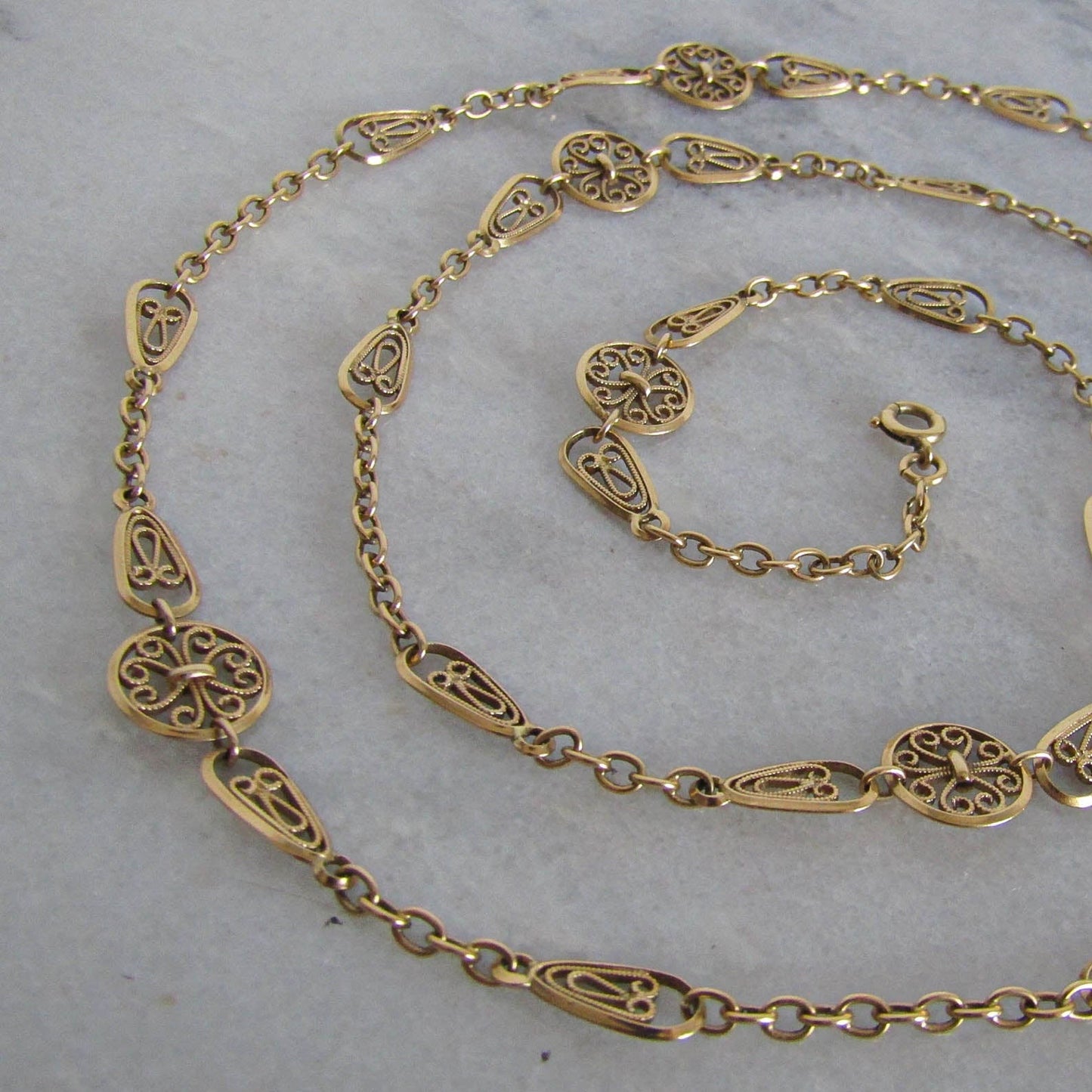 Antique 18K Solid Gold French Belle Epoque Filigree Chain, Filigree Half Guard Chain (22.5 g)