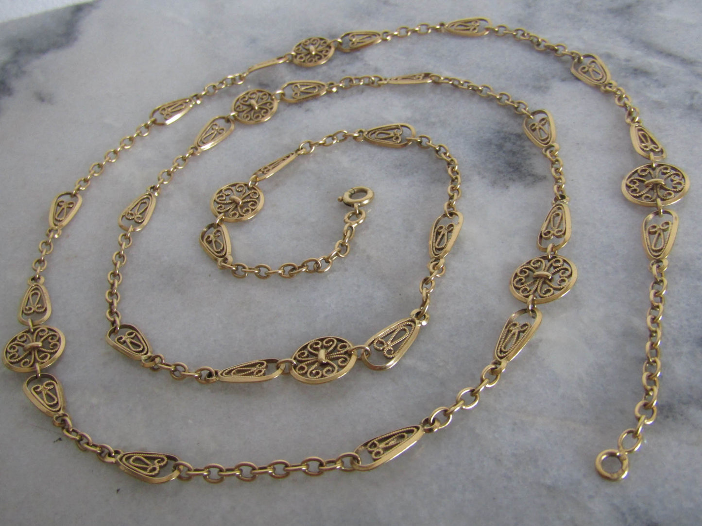 Antique 18K Solid Gold French Belle Epoque Filigree Chain, Filigree Half Guard Chain (22.5 g)