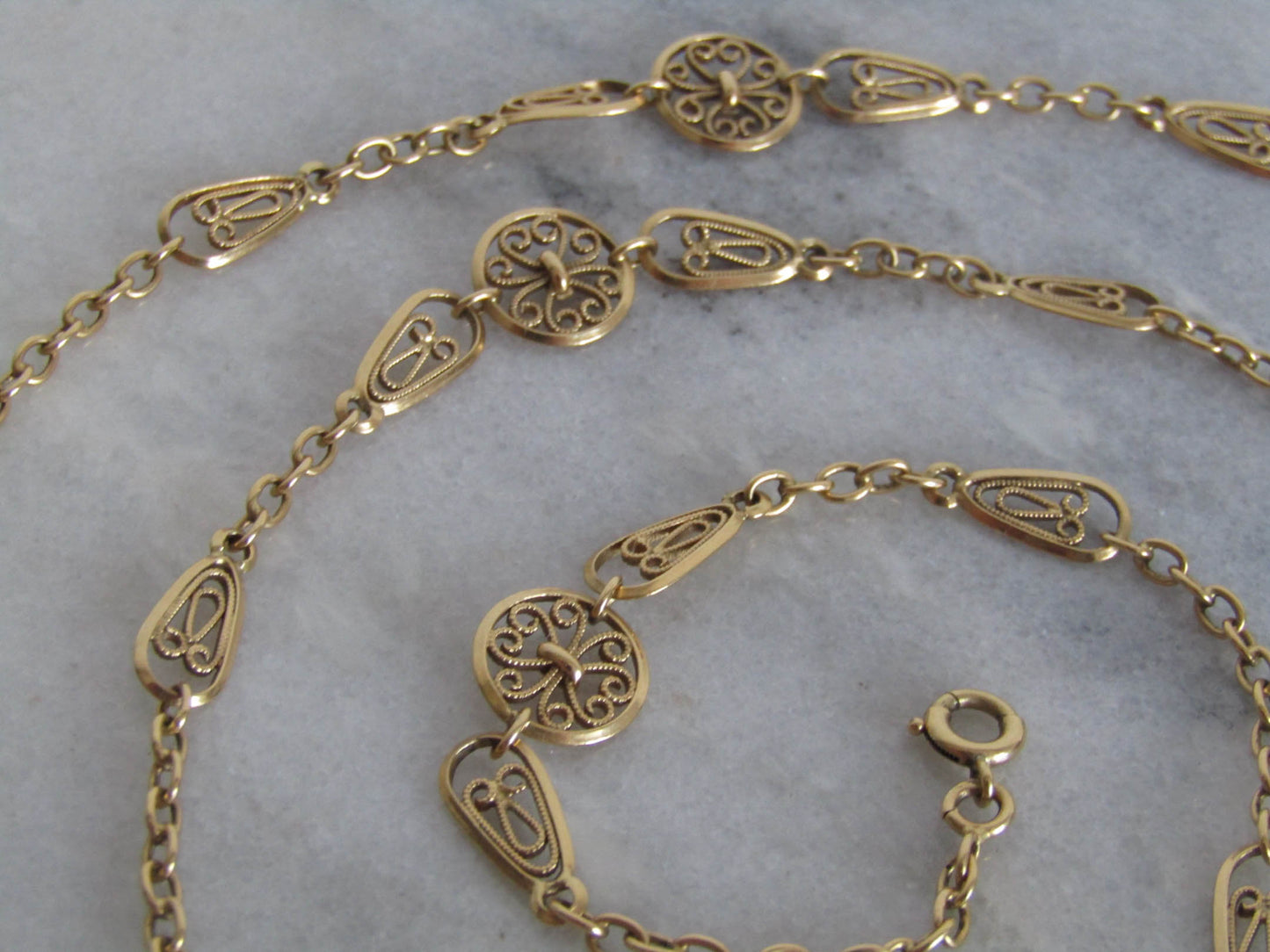 Antique 18K Solid Gold French Belle Epoque Filigree Chain, Filigree Half Guard Chain (22.5 g)