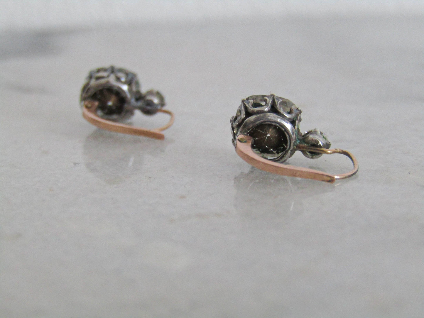 Antique 18K Gold and Silver Paste OMC Earrings, Old Mine Cut Paste Earrings c. 1880